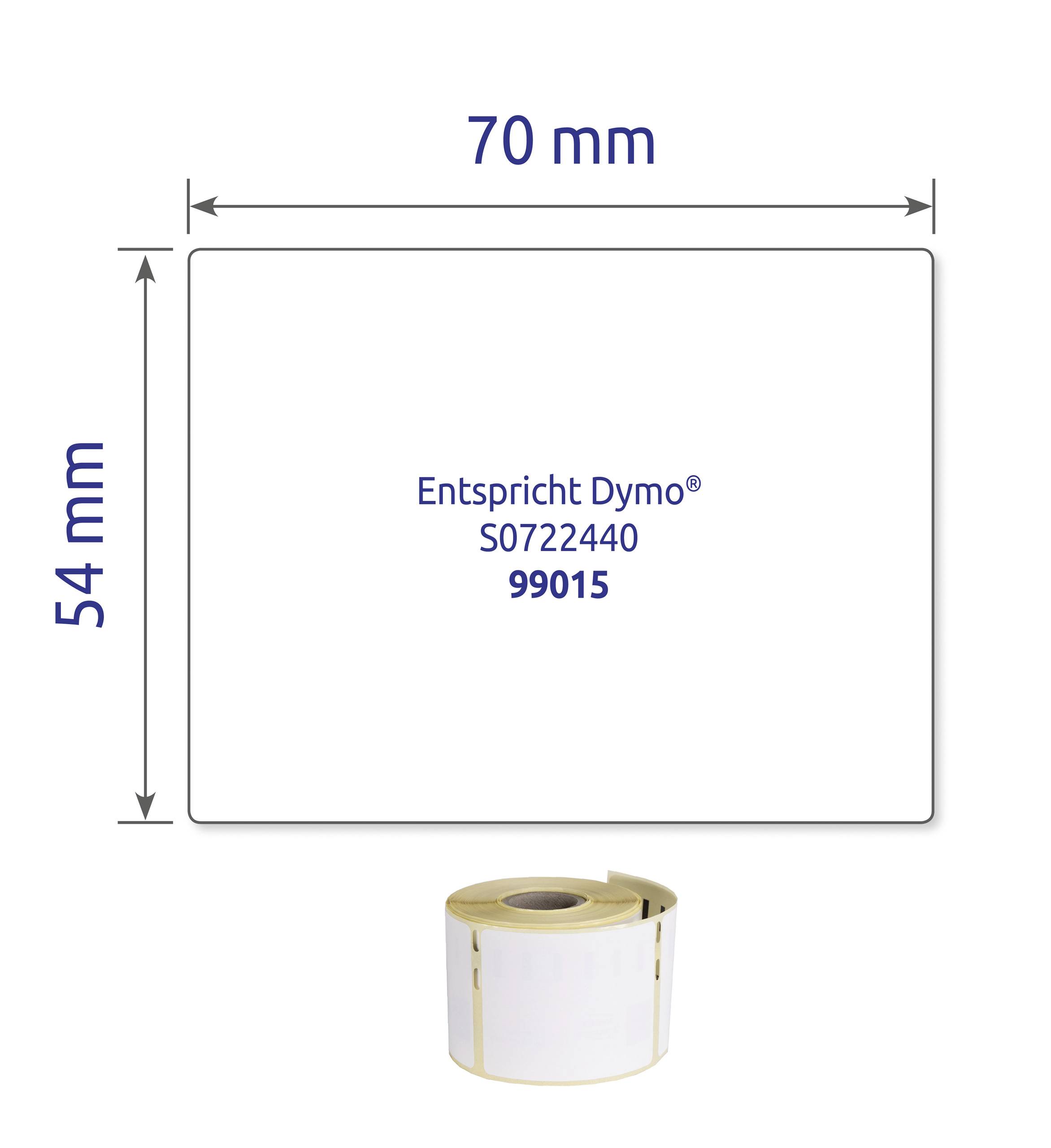 Etikett mit den Maßen 70 mm x 54 mm, kompatibel mit Dymo-Modell S0722440, 99015. Rolle mit weißen Etiketten.