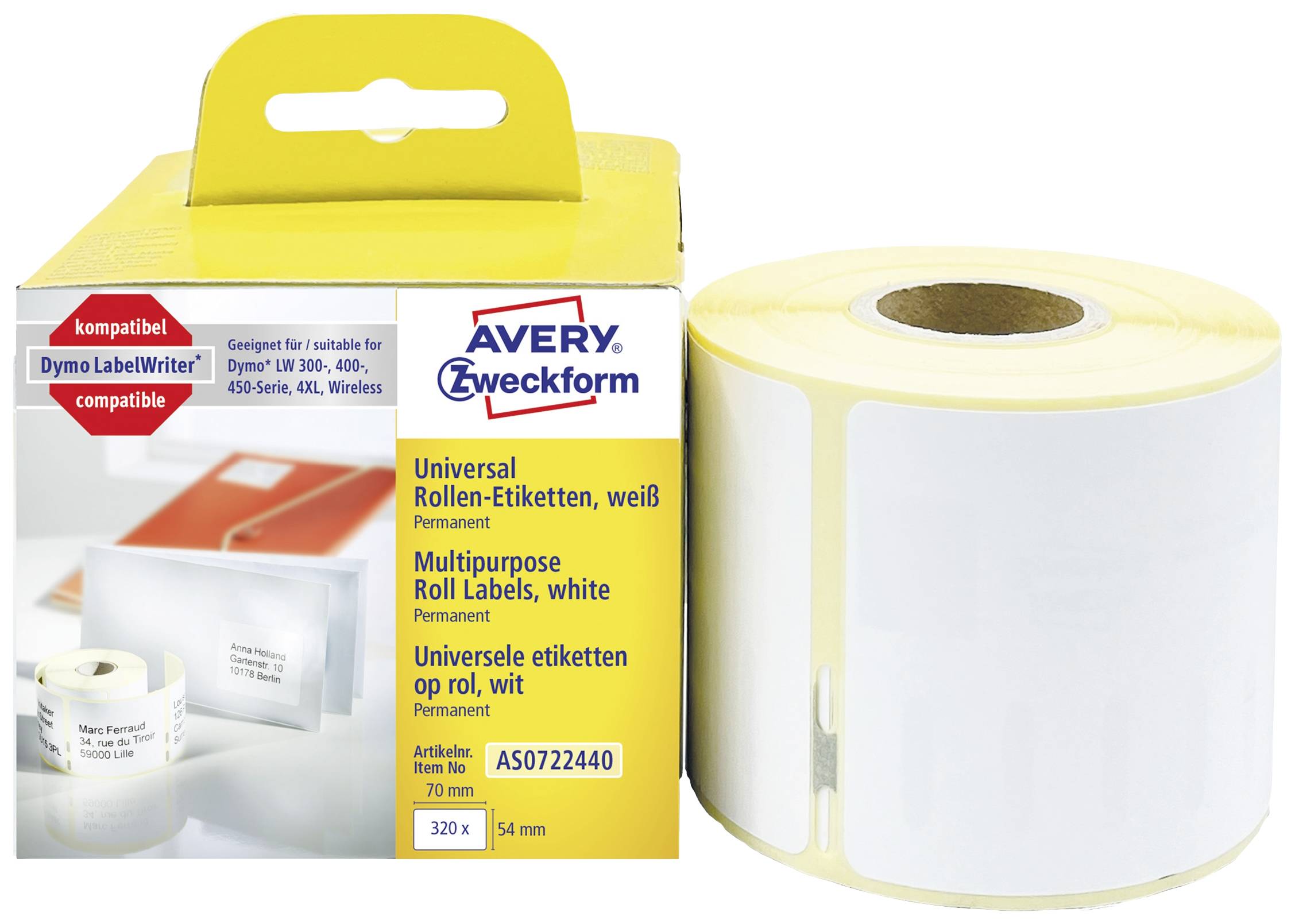 Universalrollen-Etiketten von Avery Zweckform, weiß, permanent, 320 Etiketten, 54 mm Breite. Verpackung zeigt Produktbeispiel.