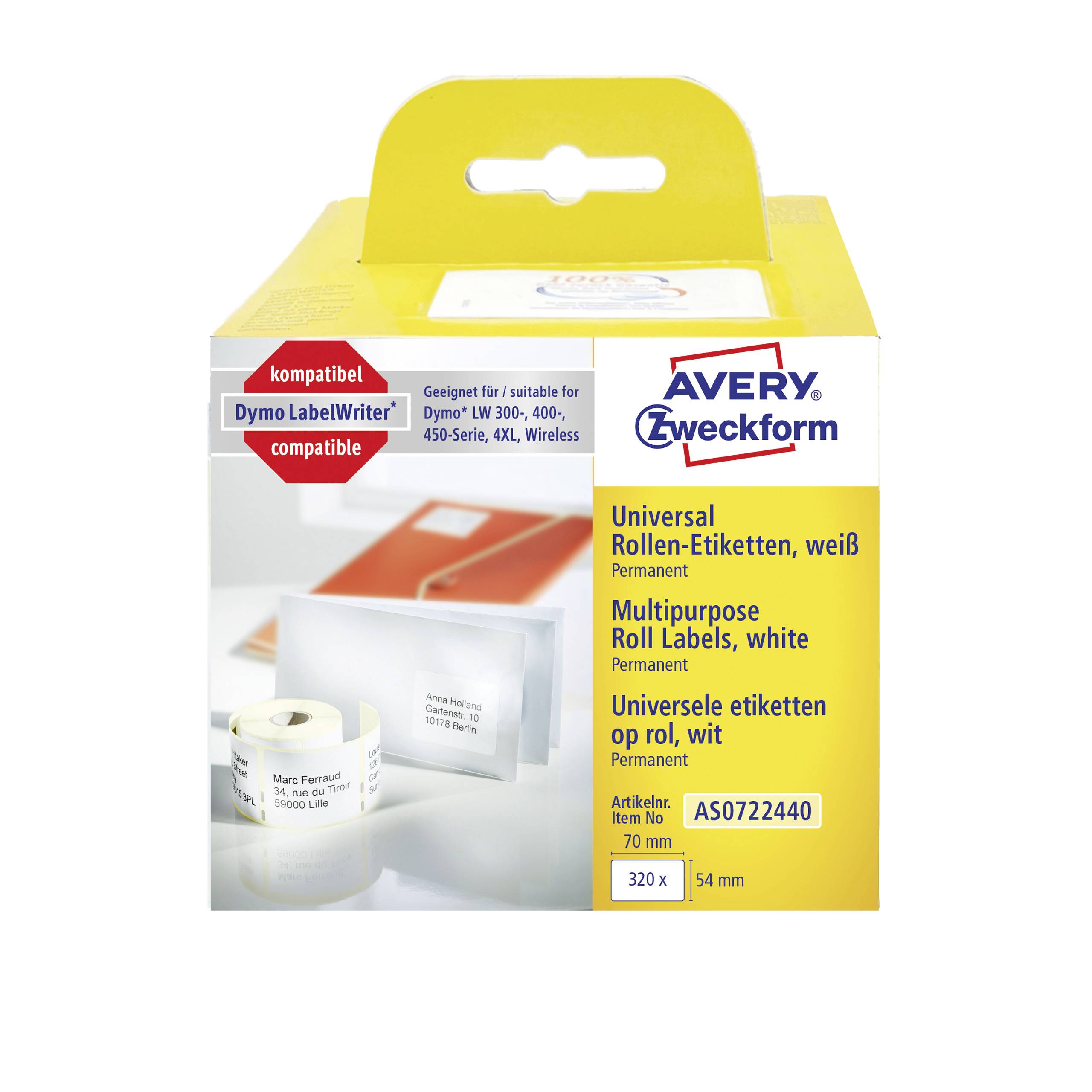 Verpackung von Avery Zweckform universal Rollen-Etiketten, weiß. Kompatibel mit Dymo LabelWriter. Artikelnummer: 3270, 320 Stück.