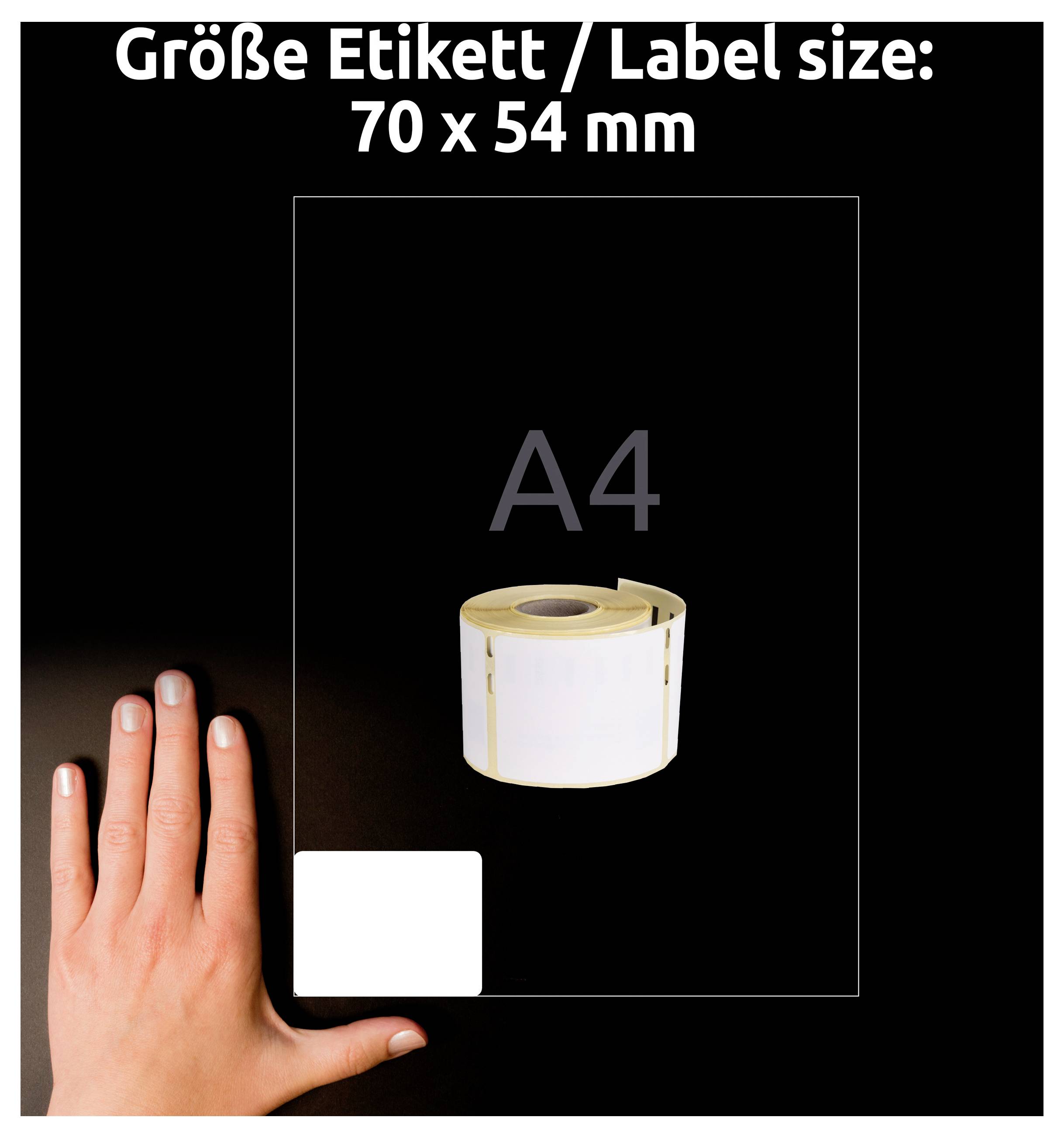 Etikettenrolle im A4-Format; Text oben: 'Größe Etikett/ Label size: 70 x 54 mm'; Hand zeigt die Größe im Vergleich zur Rolle.