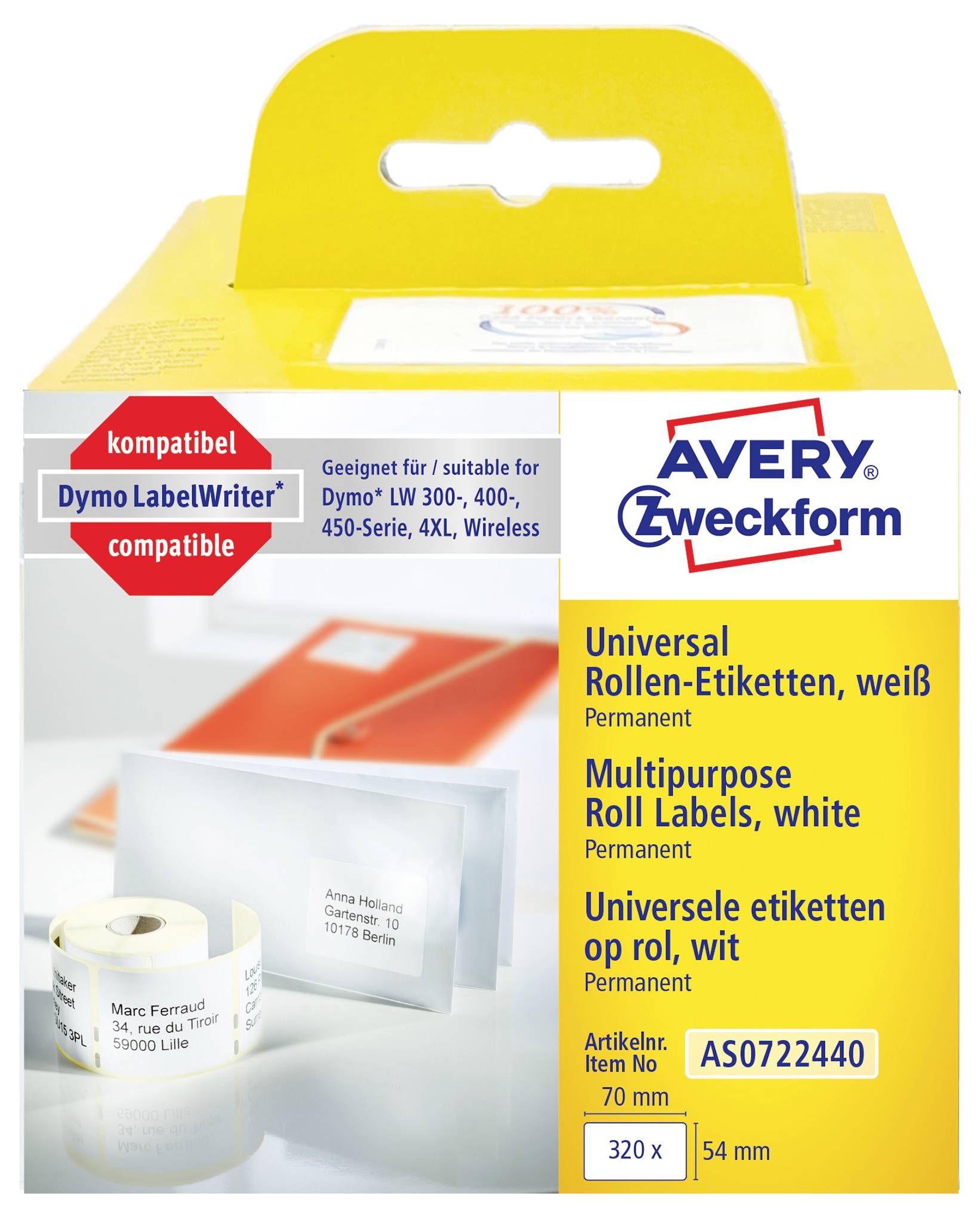 Avery Zweckform universelle weiße Etiketten auf Rolle, permanent haftend, kompatibel mit Dymo LabelWriter, 70 mm x 54 mm, 320 Etiketten.