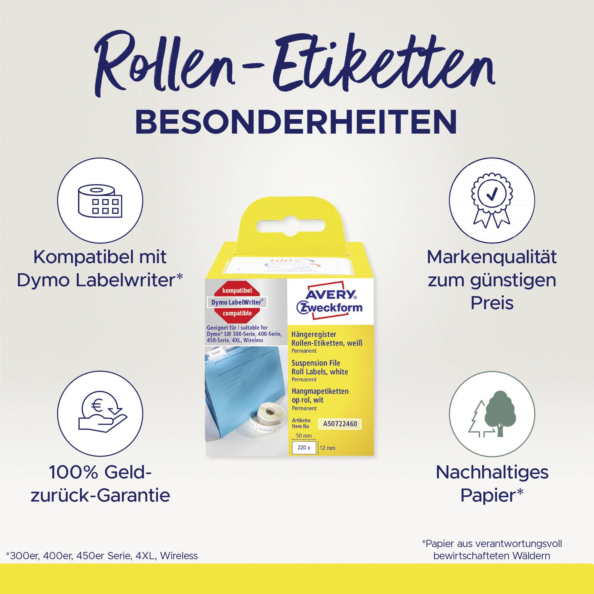 Avery-Zweckform Etiketten Rolle Kompatibel ersetzt DYMO 99017, S0722460 50 x 12mm Papier Weiß 220 St. Permanent haften