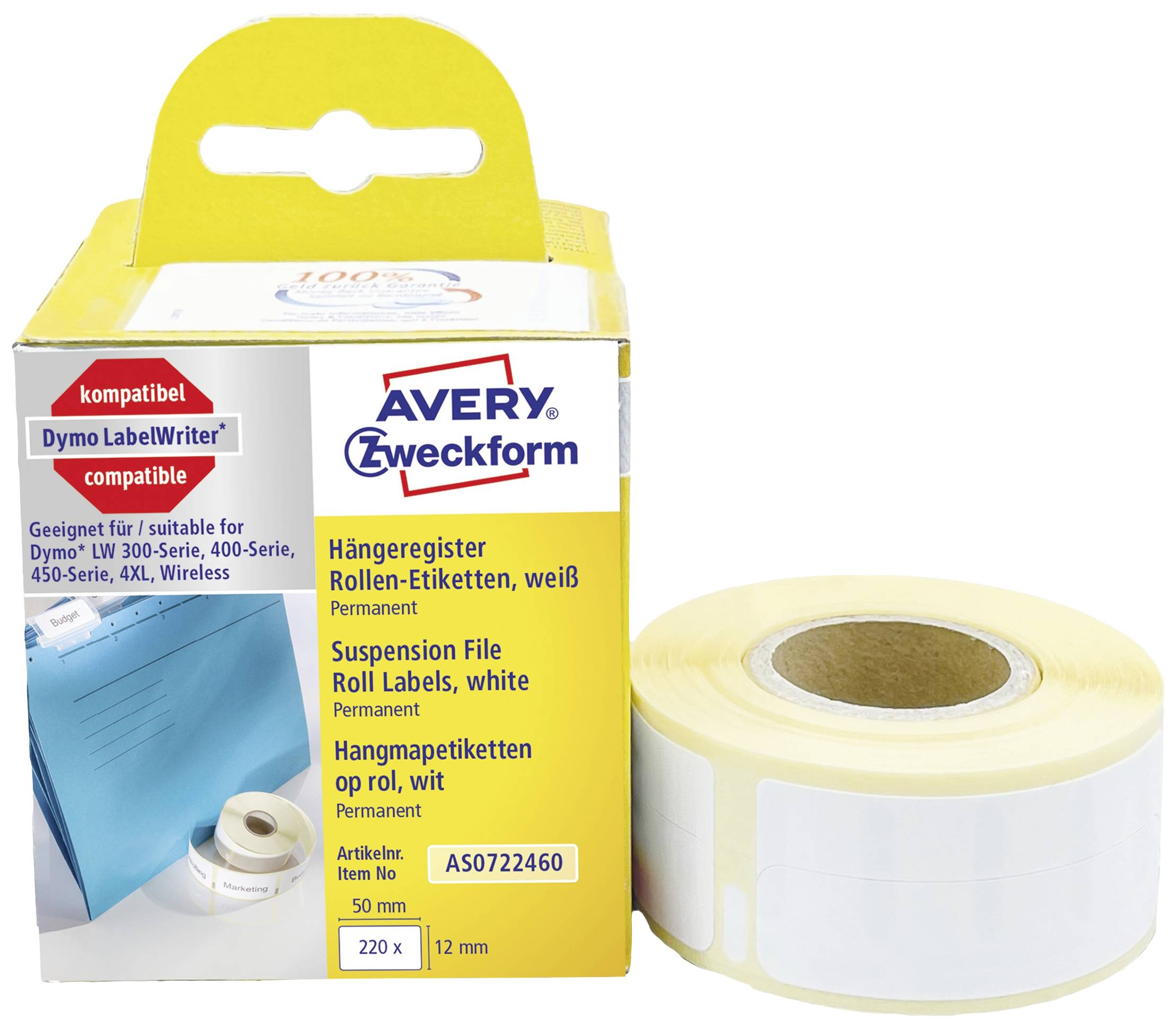 Avery-Zweckform Etiketten Rolle Kompatibel ersetzt DYMO 99017, S0722460 50 x 12mm Papier Weiß 220 St. Permanent haften