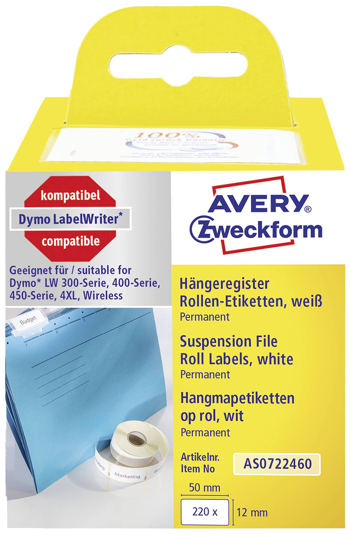 Avery-Zweckform Etiketten Rolle Kompatibel ersetzt DYMO 99017, S0722460 50 x 12mm Papier Weiß 220 St. Permanent haften