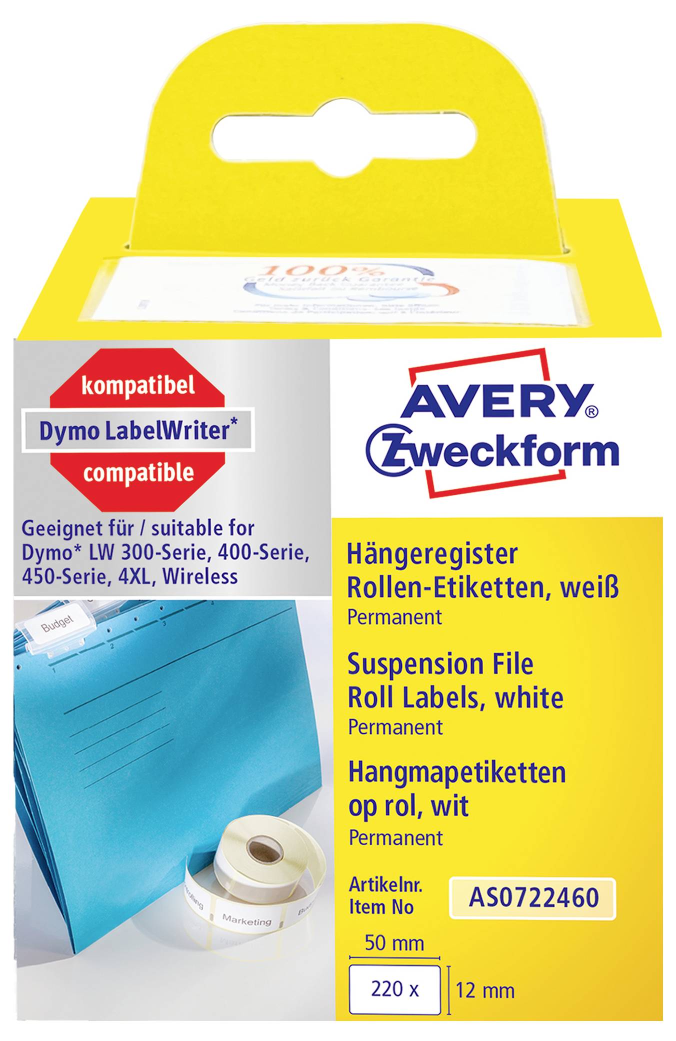 Avery Zweckform weiße permanente Hängeregister-Rollenetiketten, kompatibel mit Dymo LabelWriter, 220 x 12 mm, 50 m Rolle