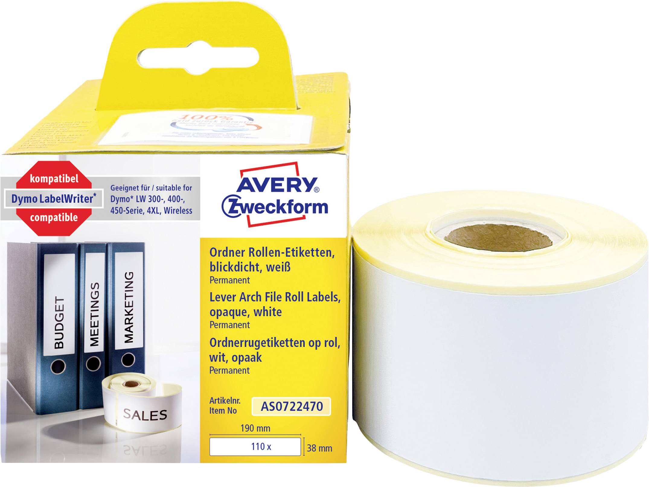 Foto von AVERY Zweckform Rollenetiketten in einer Schachtung neben einer großen weißen Etikettenrolle, mit Kompatibilität- und Produkttext auf der Verpackung.