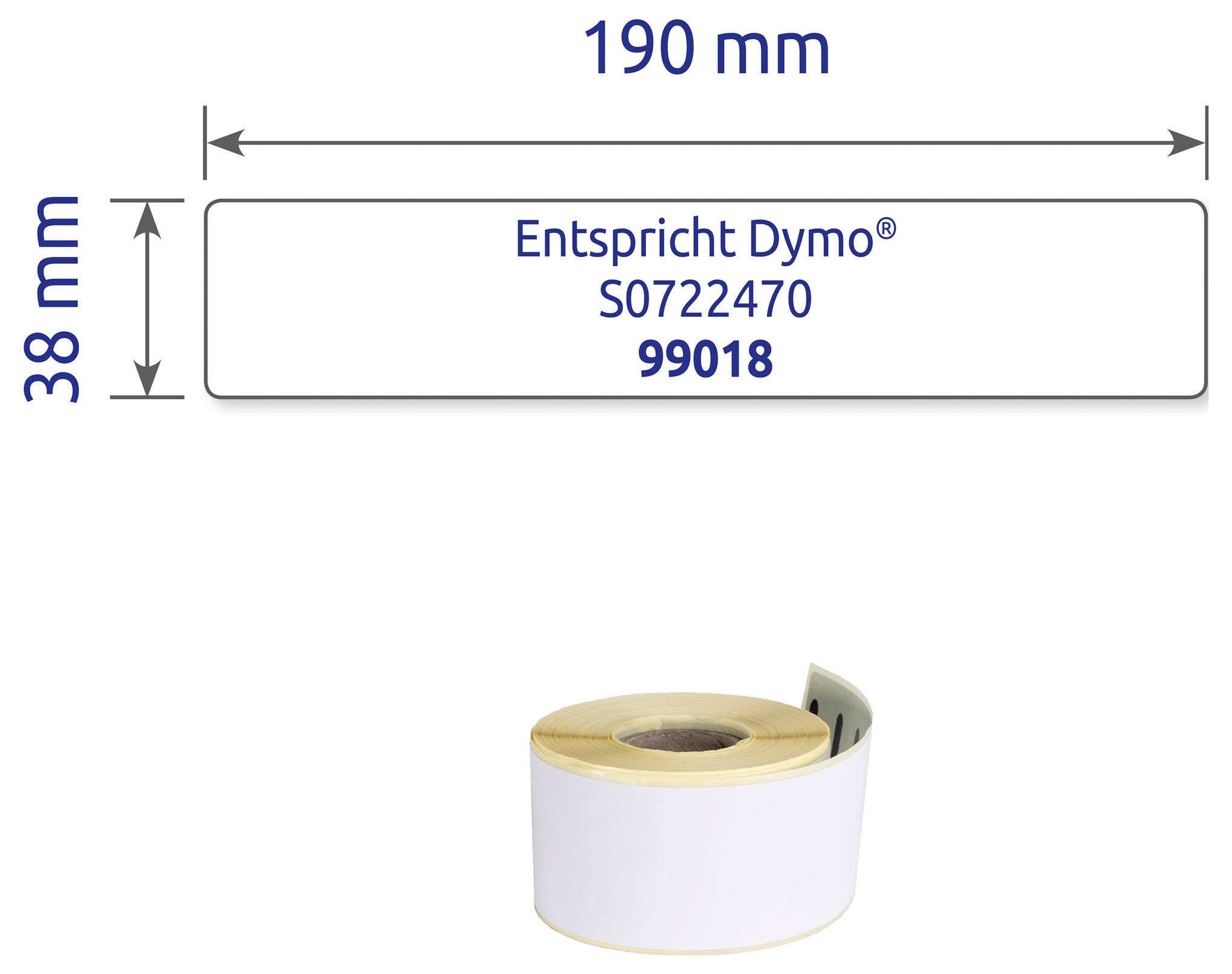 Etikettenrolle mit Maßen 190 mm x 38 mm; Hinweis: Entspricht Dymo S0722470, 99018.