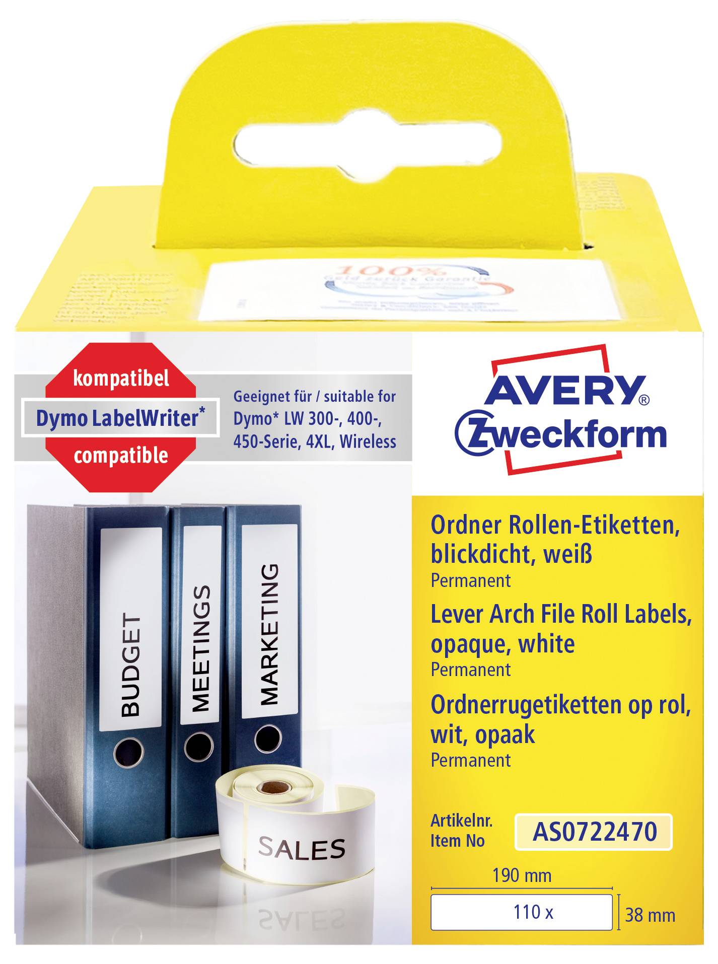 Avery Zweckform Rollenetiketten-Paket für Ordner, weiße, undurchsichtige Dauerhaftetiketten, kompatibel mit Dymo LabelWriter und ausgewählten Druckern.