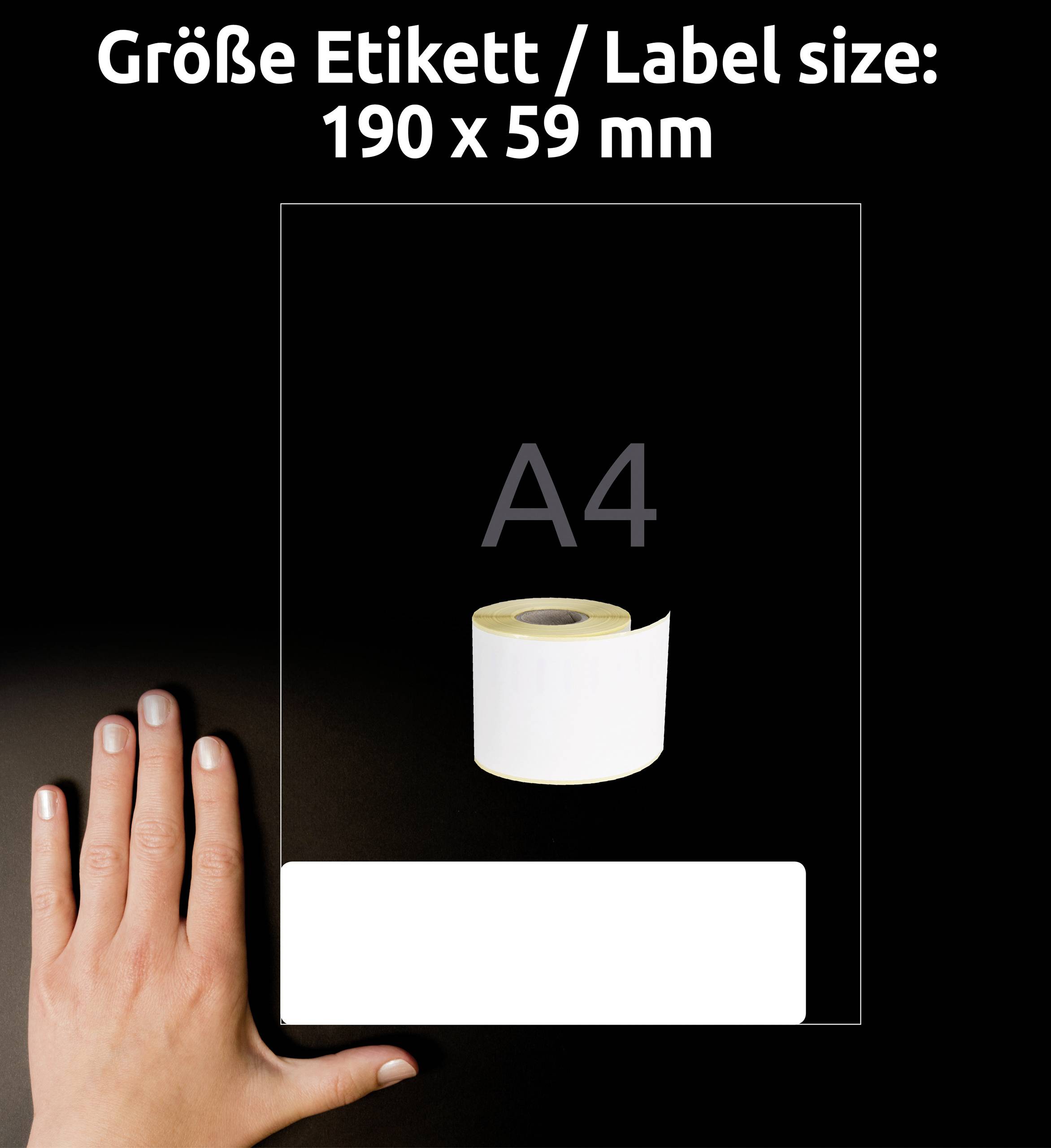 Hand mit Etikettenrolle auf schwarzem Hintergrund. Etikettengröße 190 x 59 mm wird über dem Bild angezeigt.