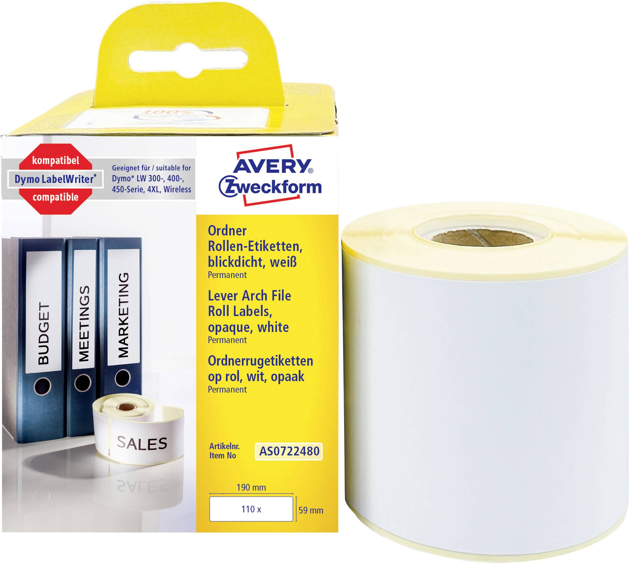 Packung mit Avery Zweckform undurchsichtigen weißen Rollenetiketten für Ordner mit Hebelmechanismus, gezeigt mit einer großen Rolle Etiketten.
