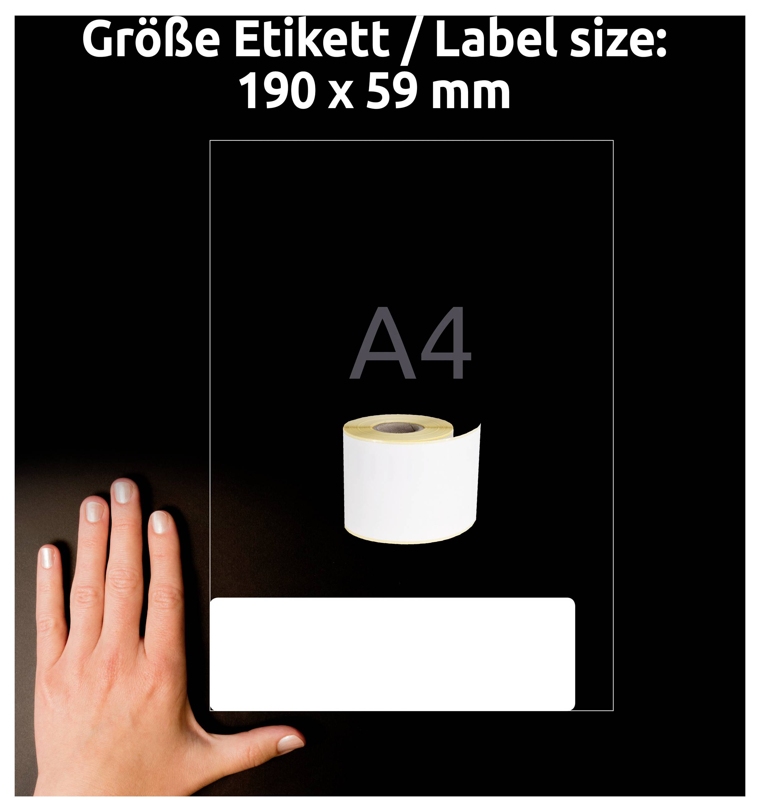 Grafik zur Etikettengröße: 'Größe Etikett/Label size: 190 x 59 mm'; A4-Blatt mit Etikettenrolle und Hand zur Größenveranschaulichung.