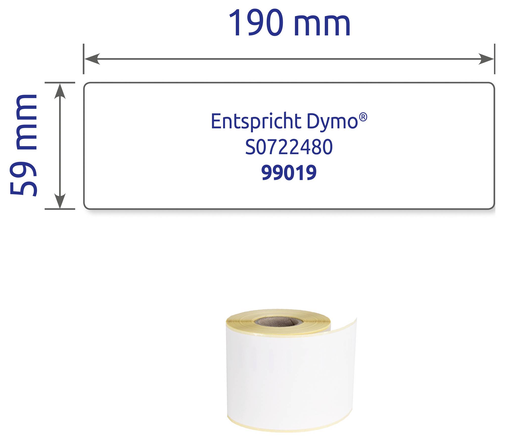 Weißes Etikett 190 × 59 mm mit Aufdruck 'Entspricht Dymo® S0722480 99019'; darunter eine Etikettenrolle.