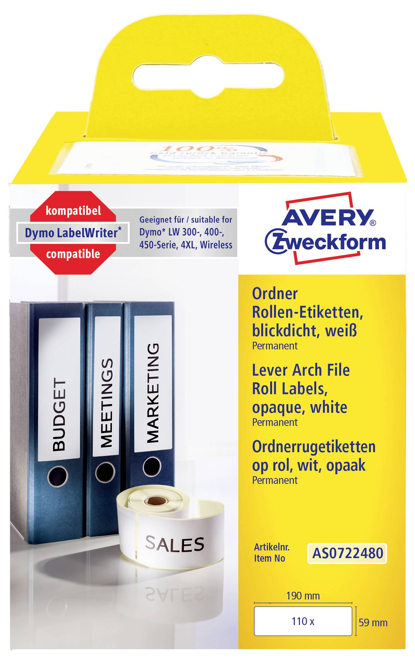 Avery Zweckform weiße permanente Rollenetiketten Packung für Dymo LabelWriter Drucker, gezeigt mit Ordner und Etikettenrollenbeispielen; Größe 110 x 59 mm.