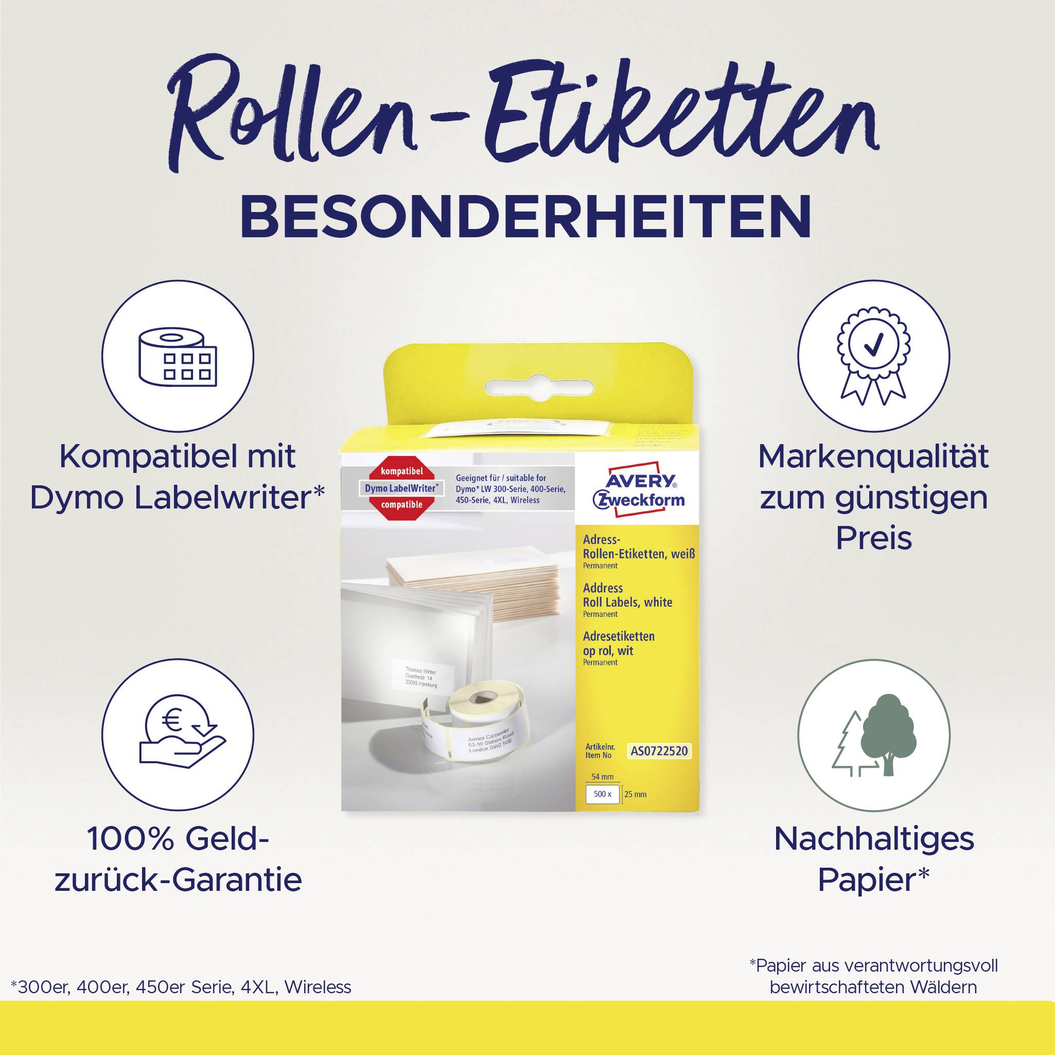 Avery-Zweckform Etiketten Rolle Kompatibel ersetzt DYMO 11352, S0722520 54 x 25mm Papier Weiß 500 St. Permanent haftend