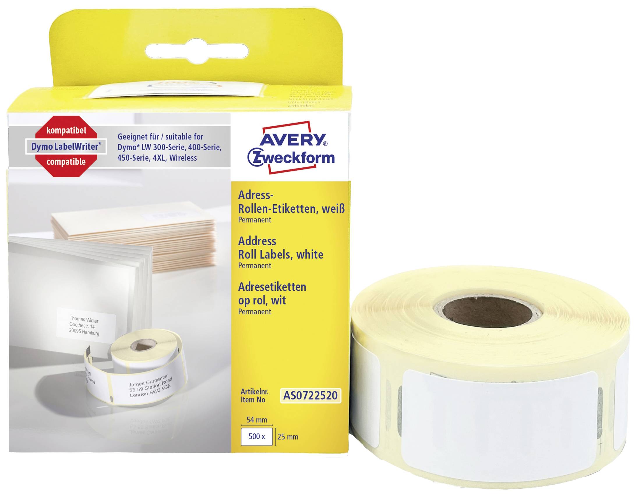 Avery-Zweckform Etiketten Rolle Kompatibel ersetzt DYMO 11352, S0722520 54 x 25 mm Papier Weiß 500
