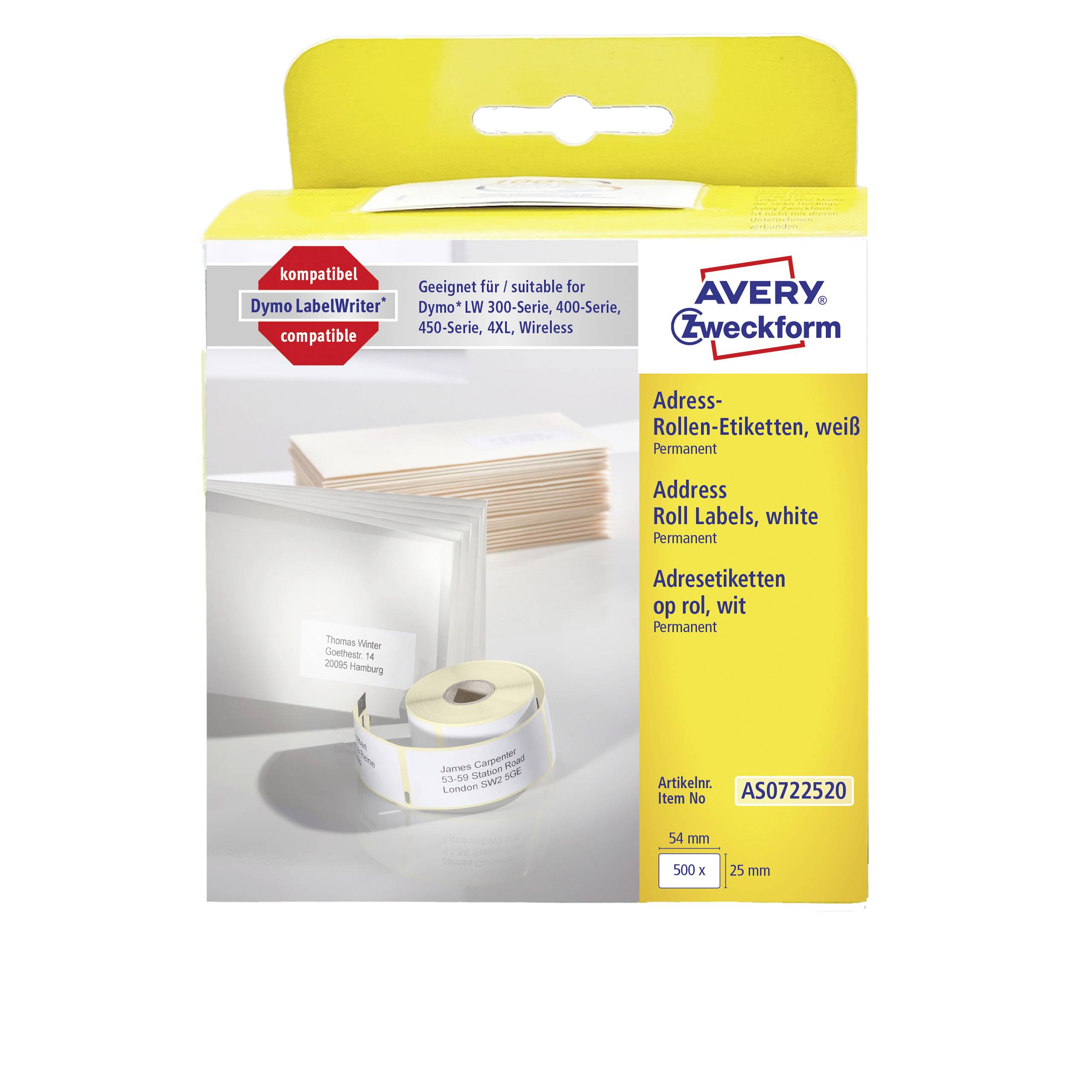 Avery-Zweckform Etiketten Rolle Kompatibel ersetzt DYMO 11352, S0722520 54 x 25mm Papier Weiß 500 St. Permanent haftend