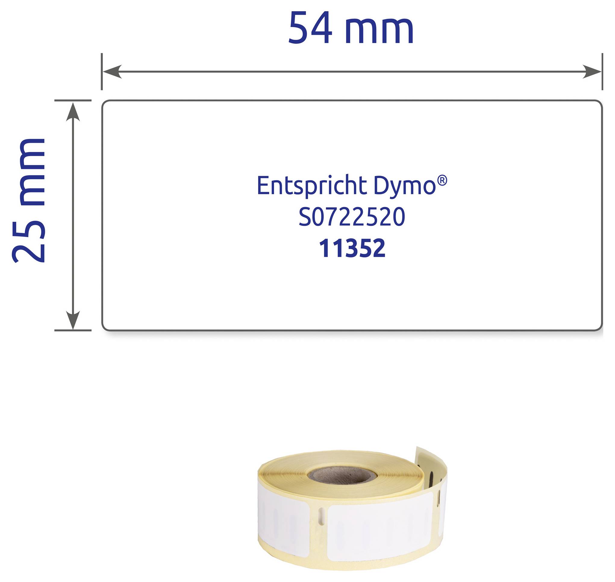 Beschriftungsrolle mit Etikett 54 x 25 mm, kompatibel mit Dymo; darunter ist die Rolle selbst abgebildet.