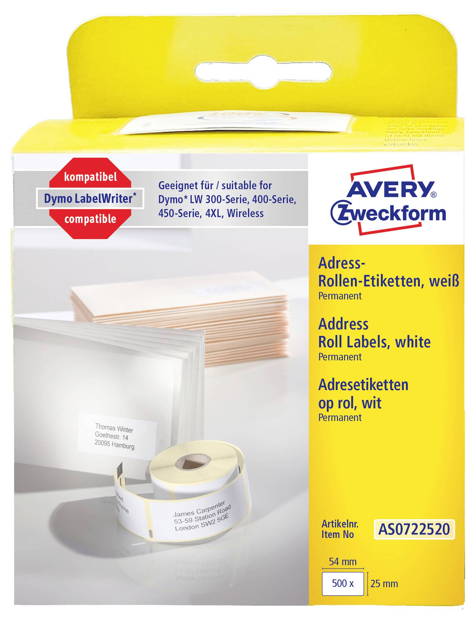 Verpackung für Avery Zweckform weiße Adressrollen-Etiketten, kompatibel mit Dymo LabelWriter; Artikel AS0722520, 500 Etiketten, 54 mm x 25 mm.