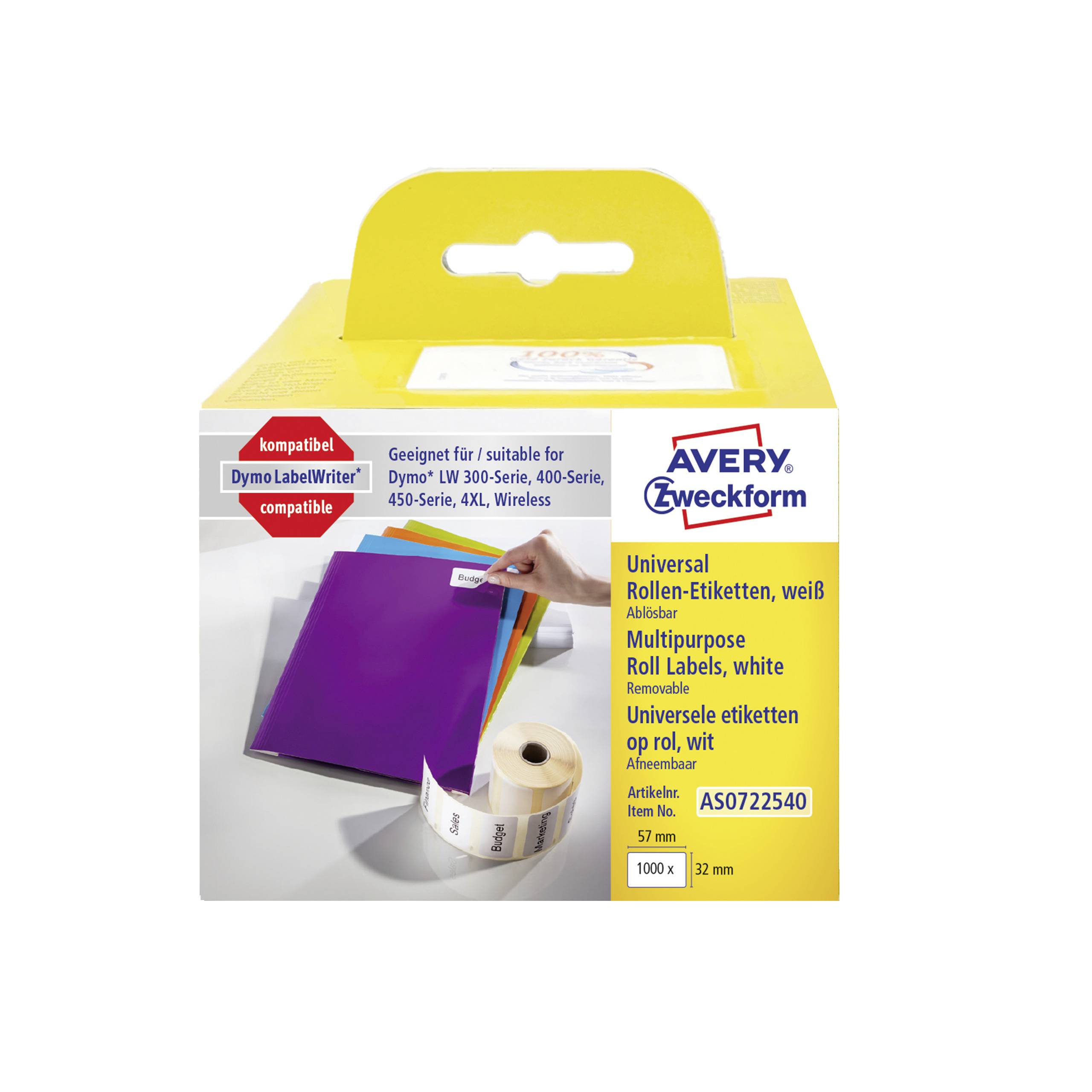 Avery-Zweckform Etiketten Rolle Kompatibel ersetzt DYMO 11354, S0722540 57 x 32mm Papier Weiß 1000 St. Wiederablösbar