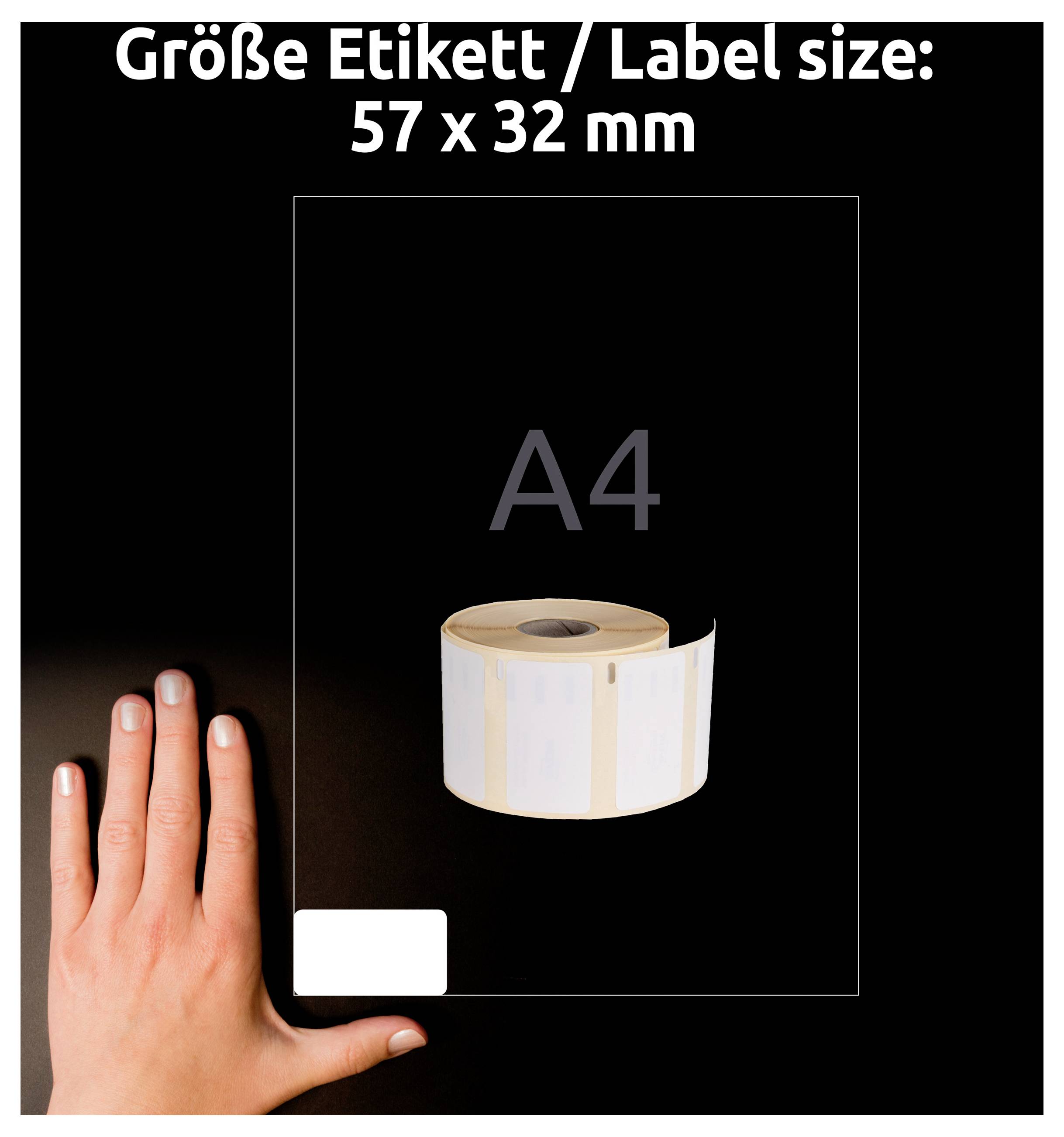 Vergleichsgrafik eines Etiketts mit der Größe 57 x 32 mm auf A4; Hand dient als Maßstab, Etikettenrolle in der Mitte.