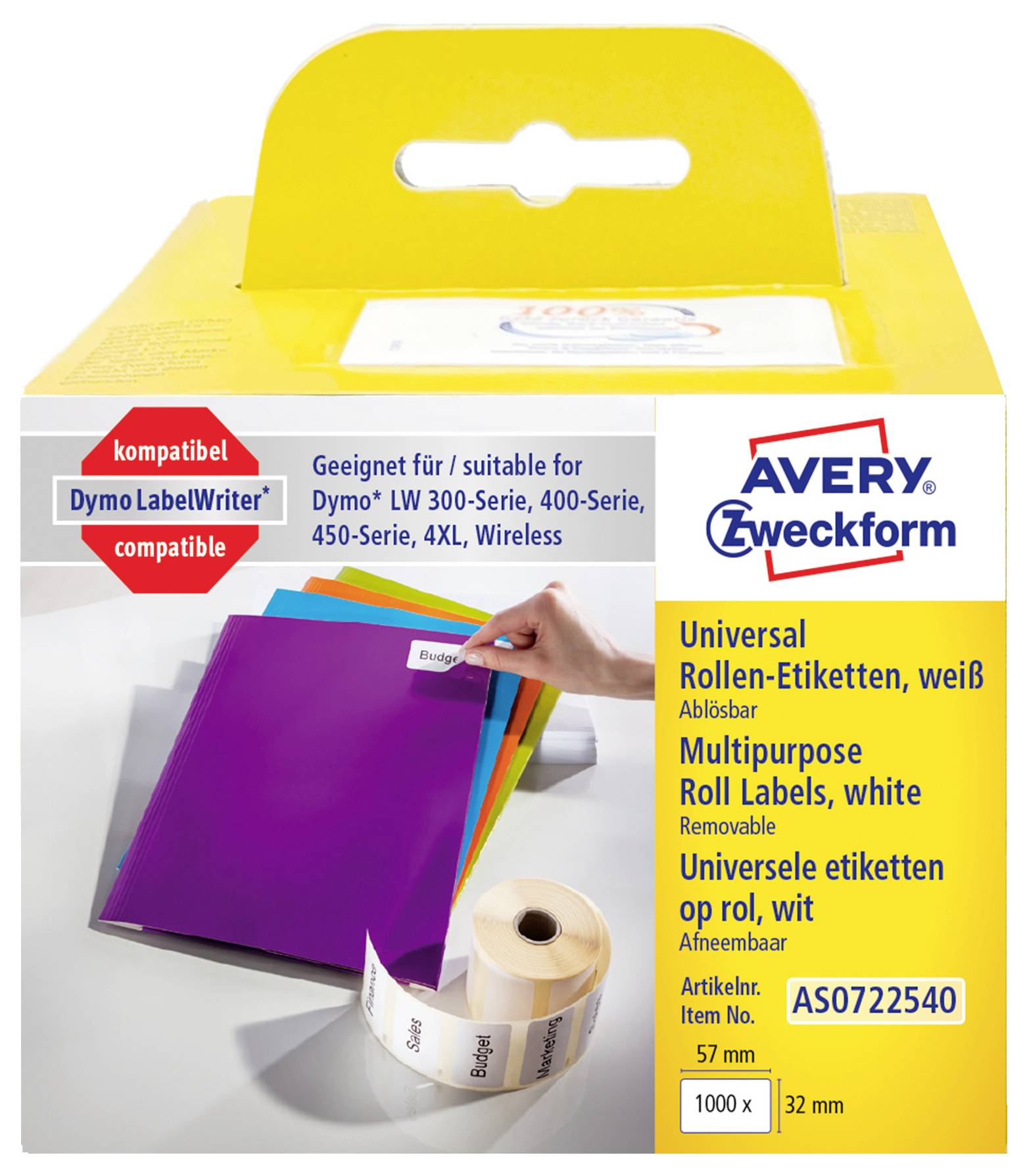 Avery Zweckform Universalrolle Etiketten Paket, weiße ablösbare Etiketten für Dymo LabelWriter und ähnliche Drucker, Artikelnummer AS0722540, 57 mm x 32 mm, 1000 Etiketten.