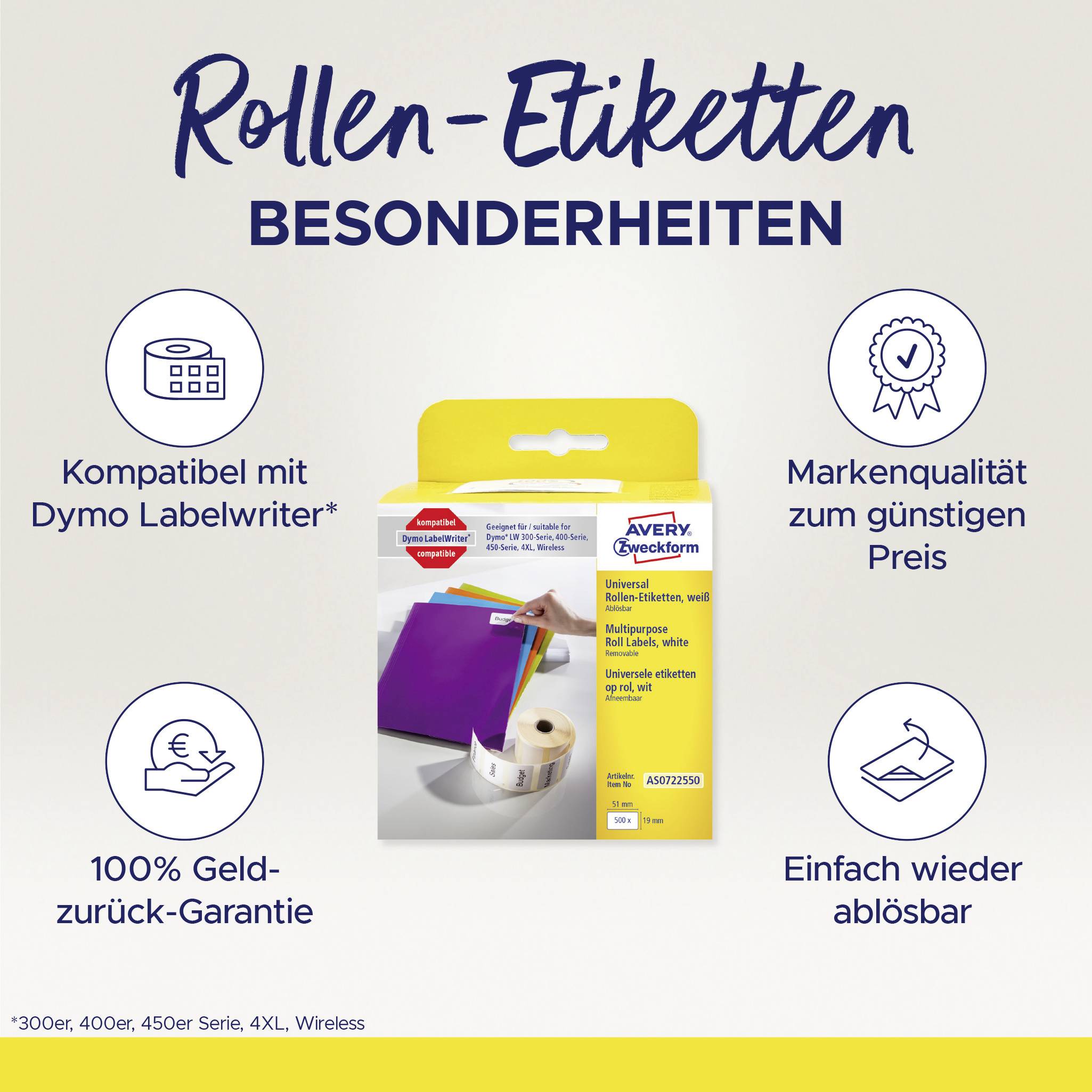 Avery-Zweckform Etiketten Rolle Kompatibel ersetzt DYMO 11355, S0722550 19 x 51mm Papier Weiß 500 St. Wiederablösbar