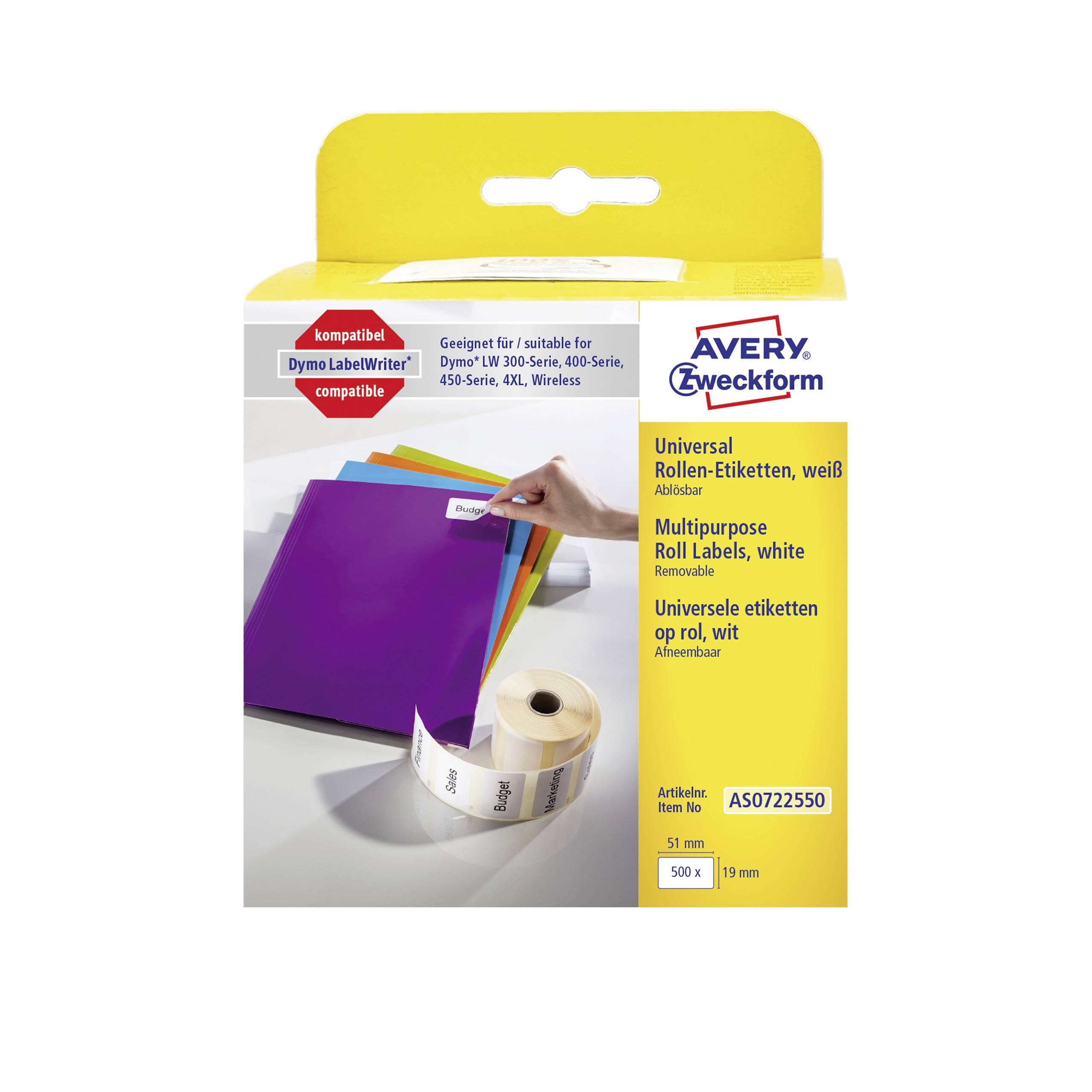 Avery-Zweckform Etiketten Rolle Kompatibel ersetzt DYMO 11355, S0722550 19 x 51mm Papier Weiß 500 St. Wiederablösbar