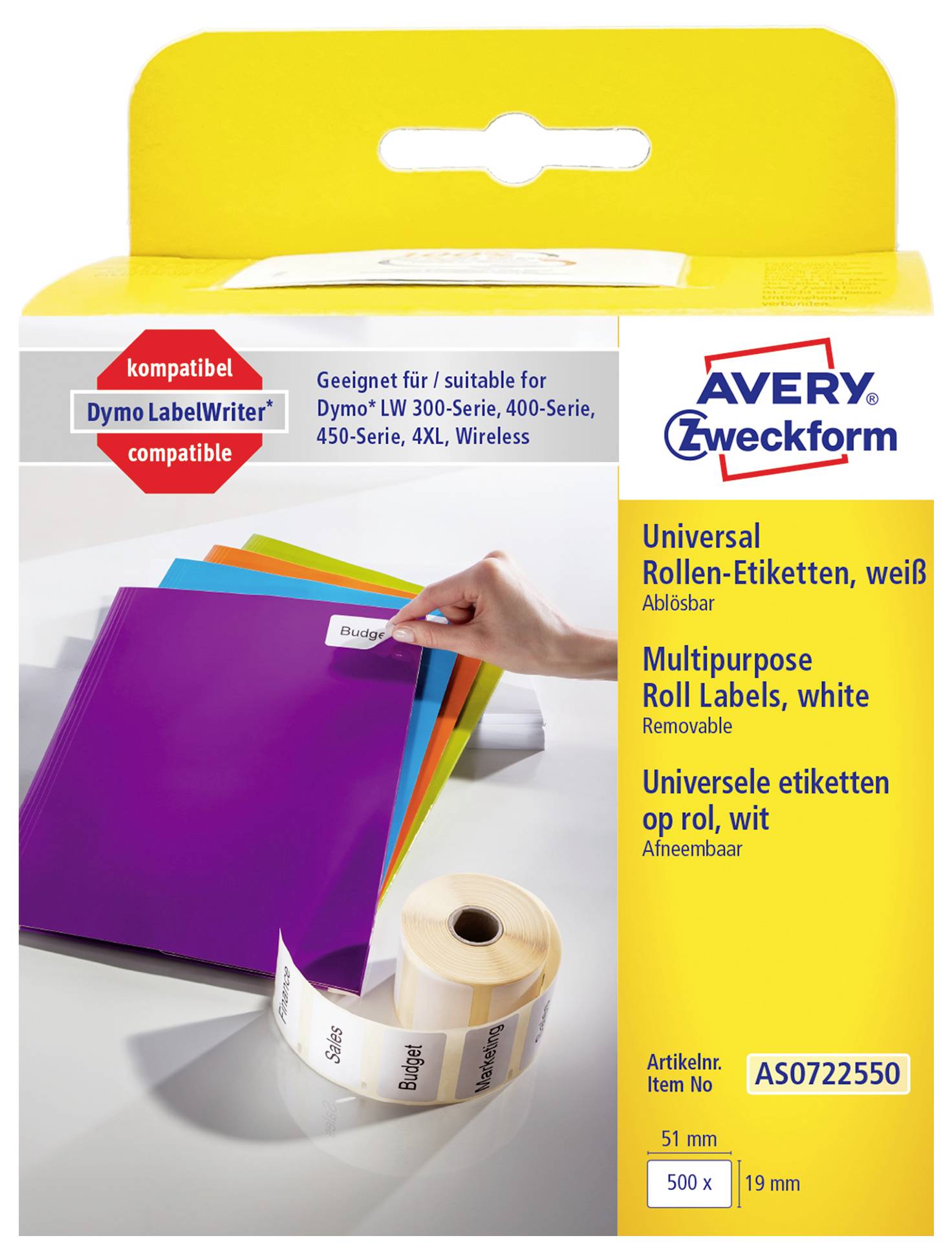 Avery Zweckform Universal-Rollenetiketten in Weiß, Paket für Dymo LabelWriter-Drucker, zeigt eine Hand, die ein Etikett von farbigen Etikettenmaterialien abzieht, und eine Rolle mit Etiketten.