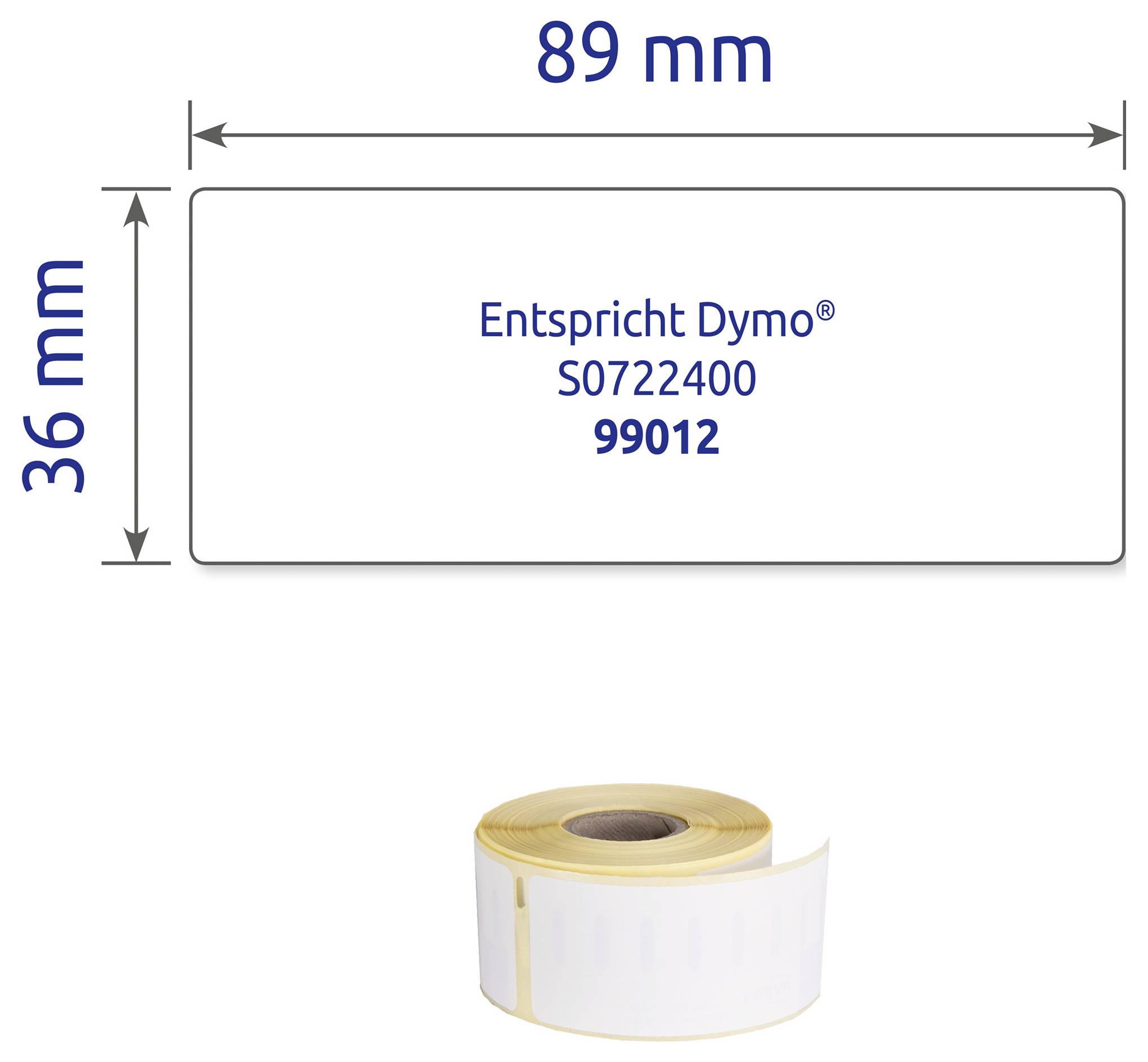 Etikettrolle mit weißem Aufkleber; oben Maßskizze 89 mm × 36 mm und Text 'Entspricht Dymo® S0722400 99012'.