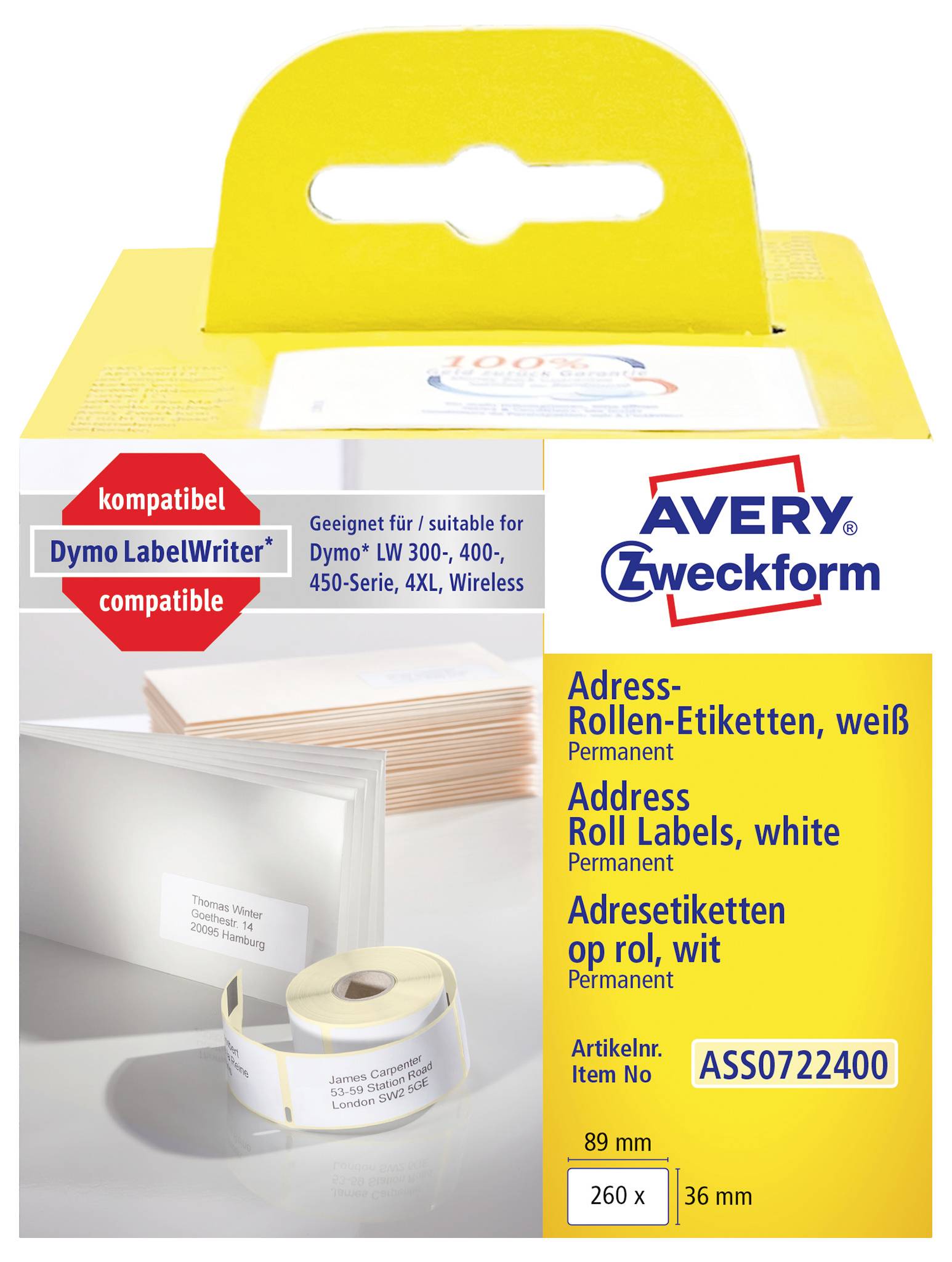 Avery Zweckform Karton mit weißen permanenten Adressrollen-Etiketten, kompatibel mit Dymo LabelWriter Druckern, 89 mm x 36 mm, 260 Etiketten