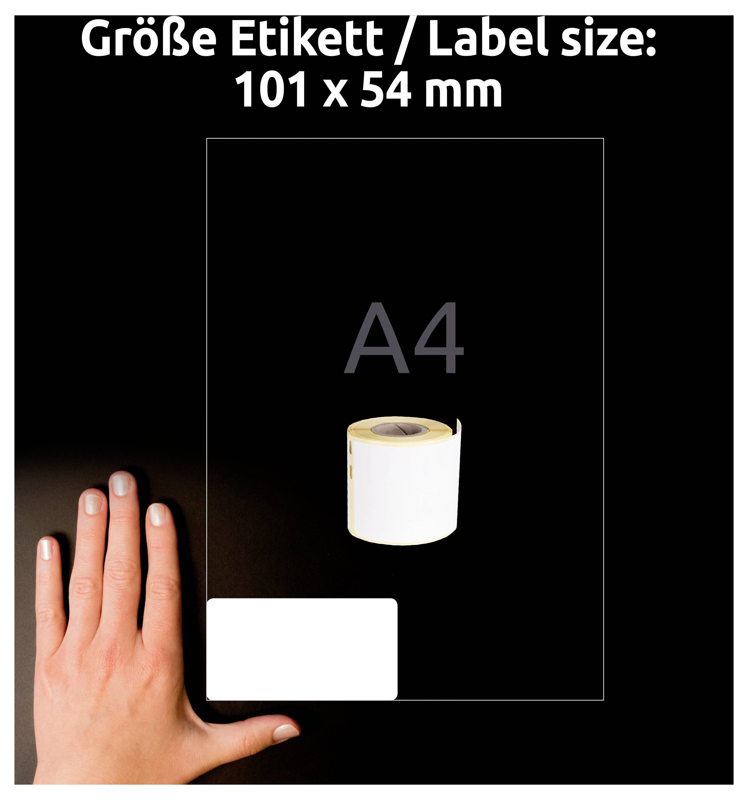 Vergleichsgrafik für Etikettgröße: A4-Blatt mit Rollenetikett; oben steht 'Größe Etikett/ Label size: 101 x 54 mm', unten zeigt eine Hand den Größenmaßstab.