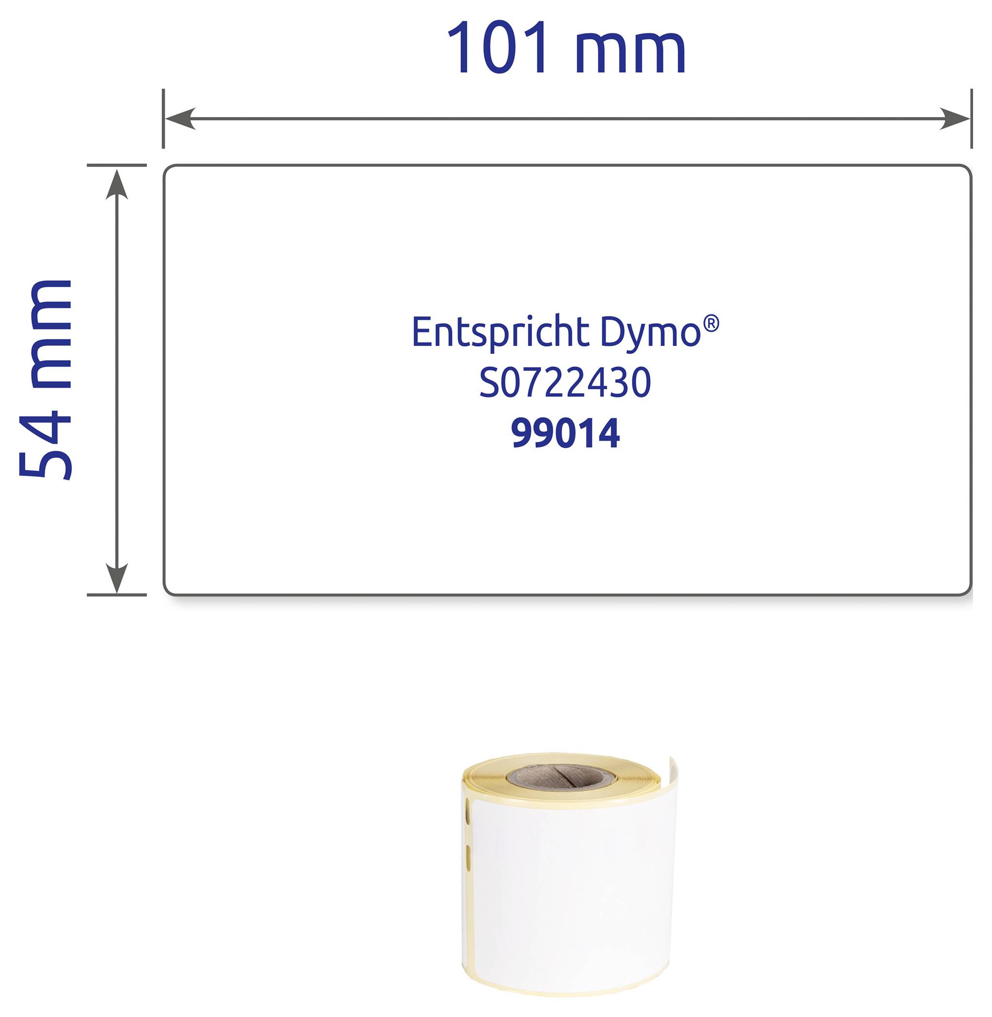 Etikett 101 × 54 mm, kompatibel mit Dymo; darunter eine weiße Etikettenrolle.
