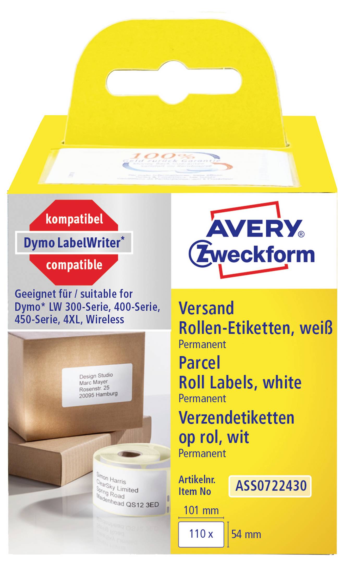 Avery Zweckform weiße permanente Paketrol-Etiketten Paket für Dymo LabelWriter, 110 x 54 mm, 110 Etiketten.