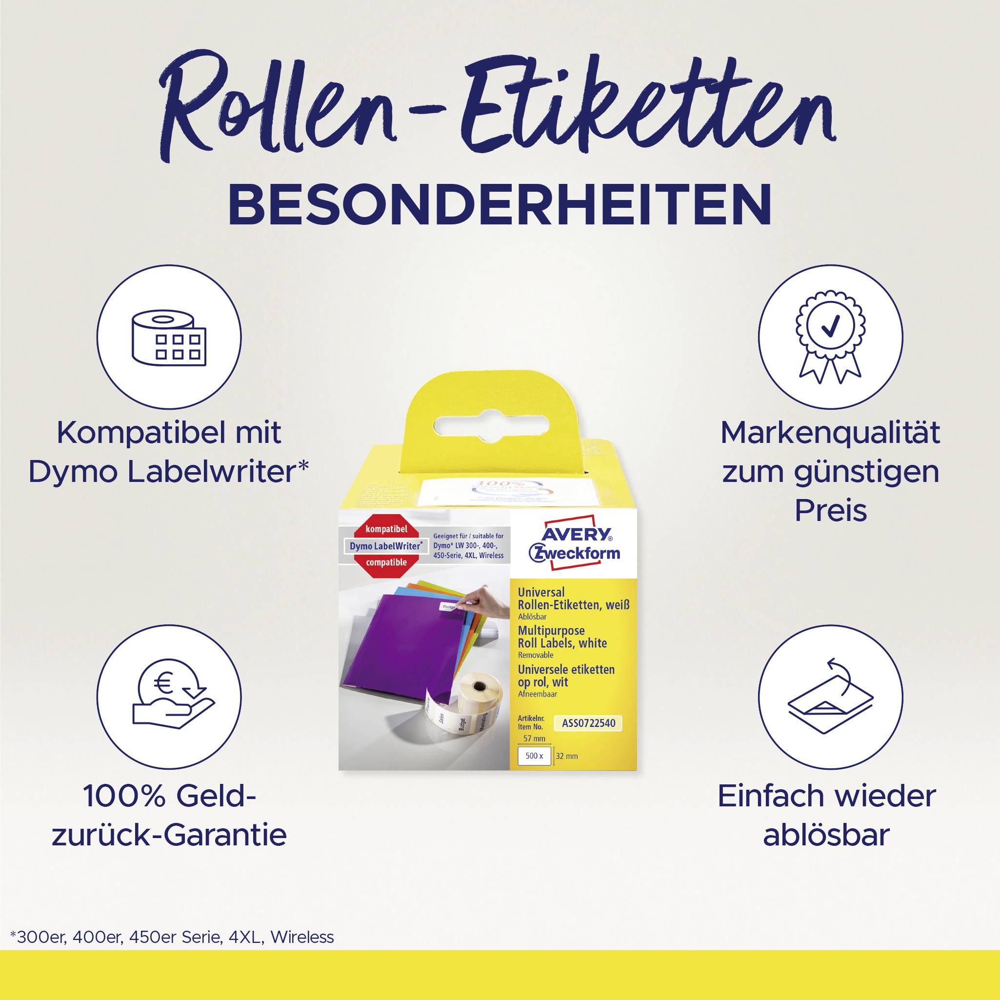 Avery-Zweckform Etiketten Rolle Kompatibel ersetzt DYMO, Seiko 11354, S0722540 57 x 32mm Papier Weiß 500 St. Wiederablösbar