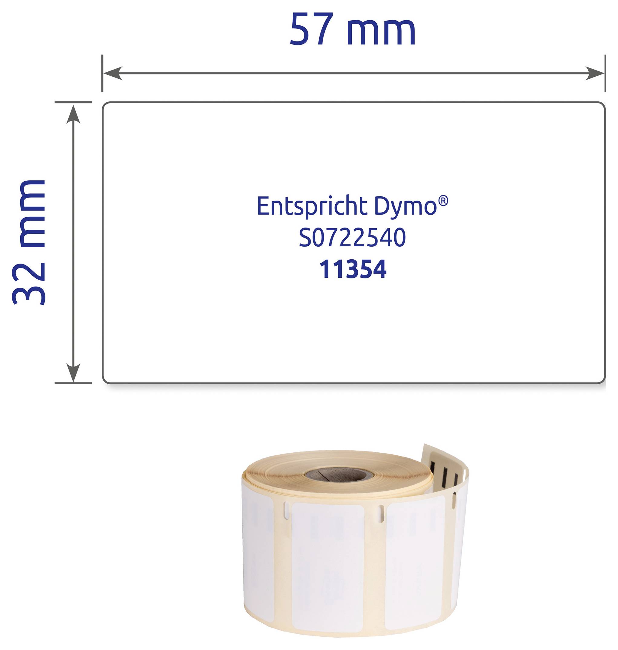 Etikettenrolle mit 57 x 32 mm großen weißen Labels; kompatibel mit Dymo S0722540, Artikelnummer 11354.