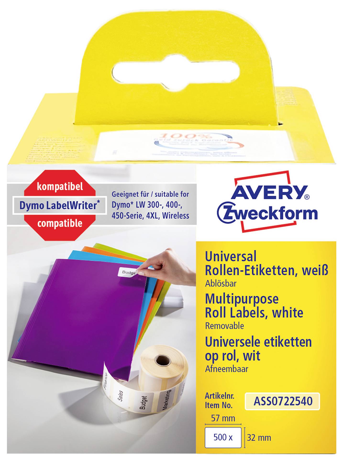 Avery Zweckform Universalrolle mit weißen Etiketten im Set, kompatibel mit Dymo LabelWriter und 500 Etiketten, 57 x 32 mm, ablösbar.