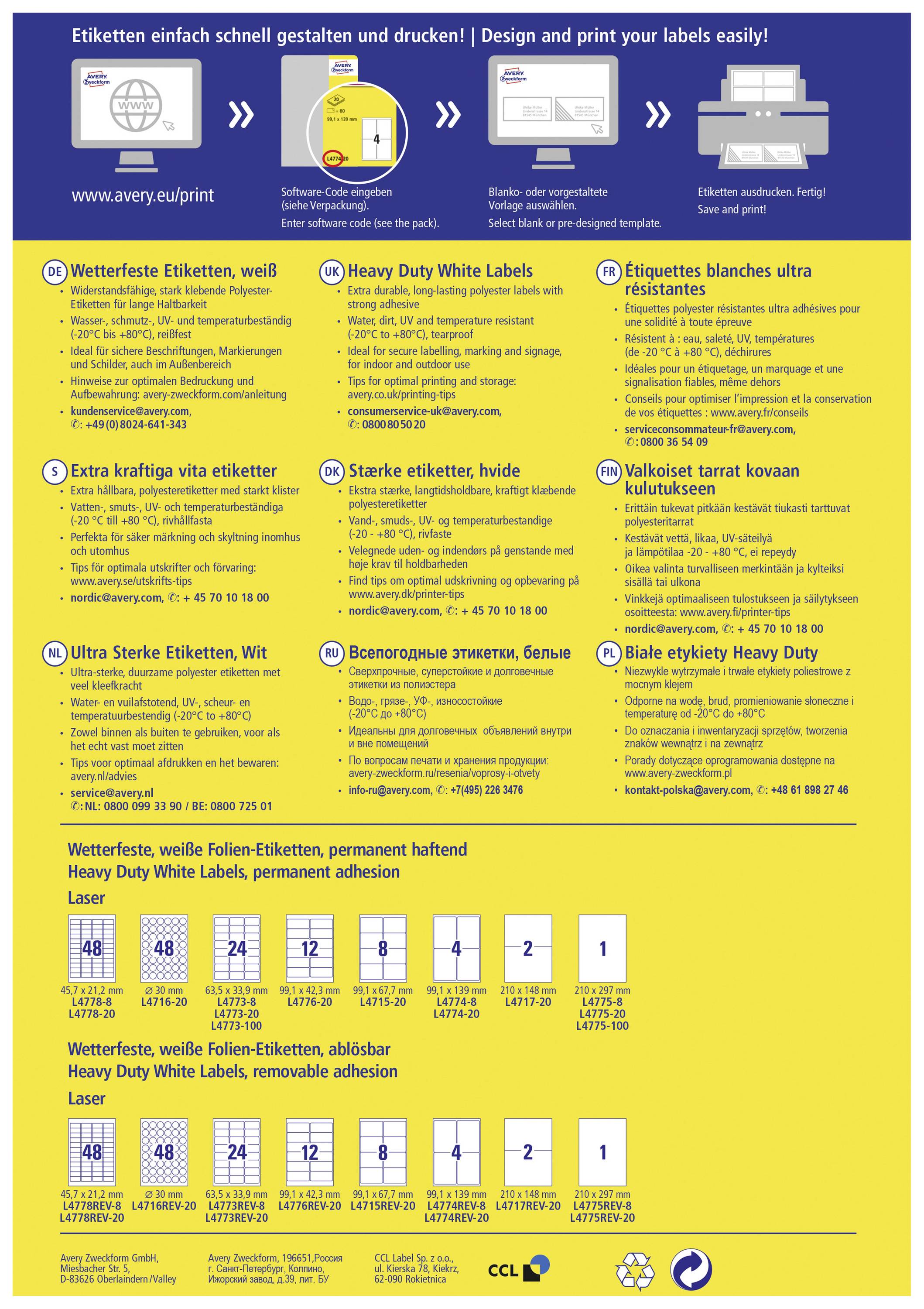 Avery-Zweckform L4775-100 Folien-Etiketten 210 x 297mm Polyester-Folie Weiß 100 St. Permanent haftend Farblaserdrucker