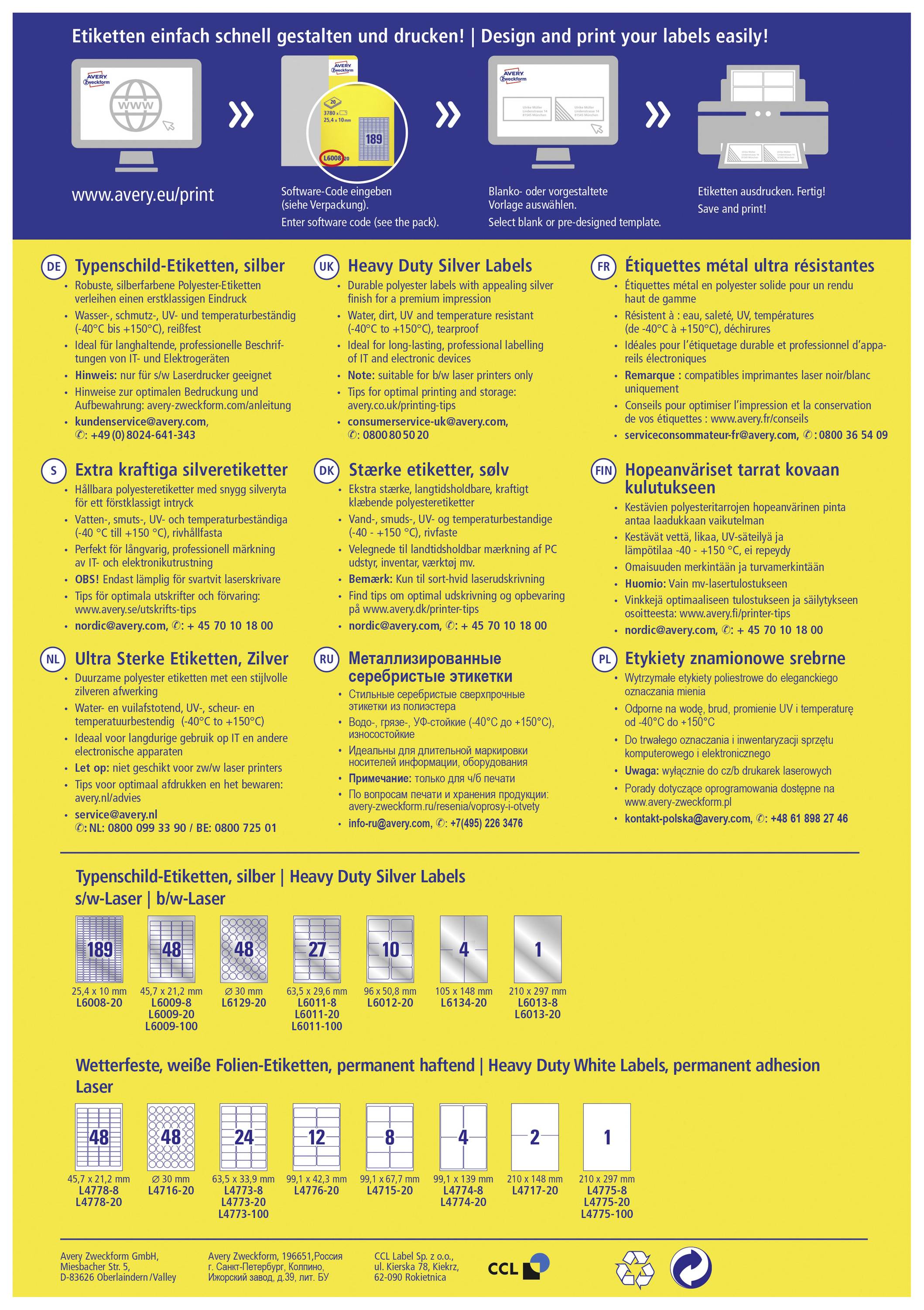 Avery-Zweckform L6009-100 Typenschild-Etiketten 45.7 x 21.2mm Polyester-Folie Silber 4800 St. Permanent haftend Laserdrucker