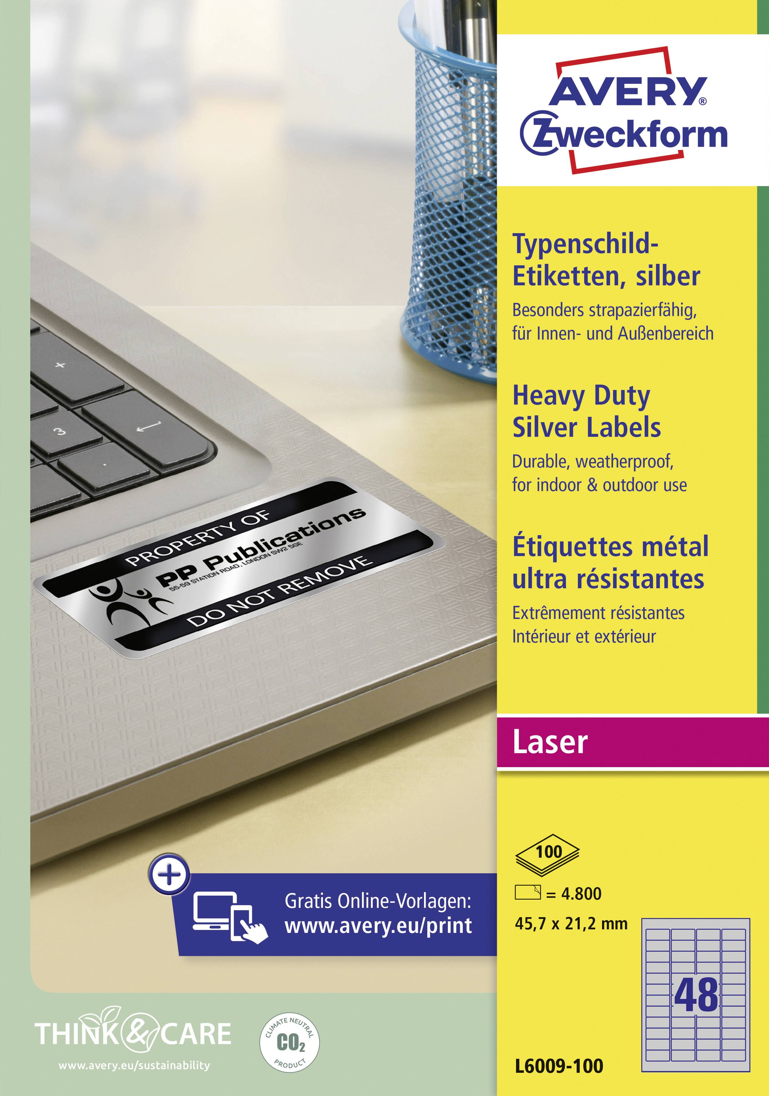 Avery-Zweckform L6009-100 Typenschild-Etiketten 45.7 x 21.2mm Polyester-Folie Silber 4800 St. Permanent haftend Laserdrucker
