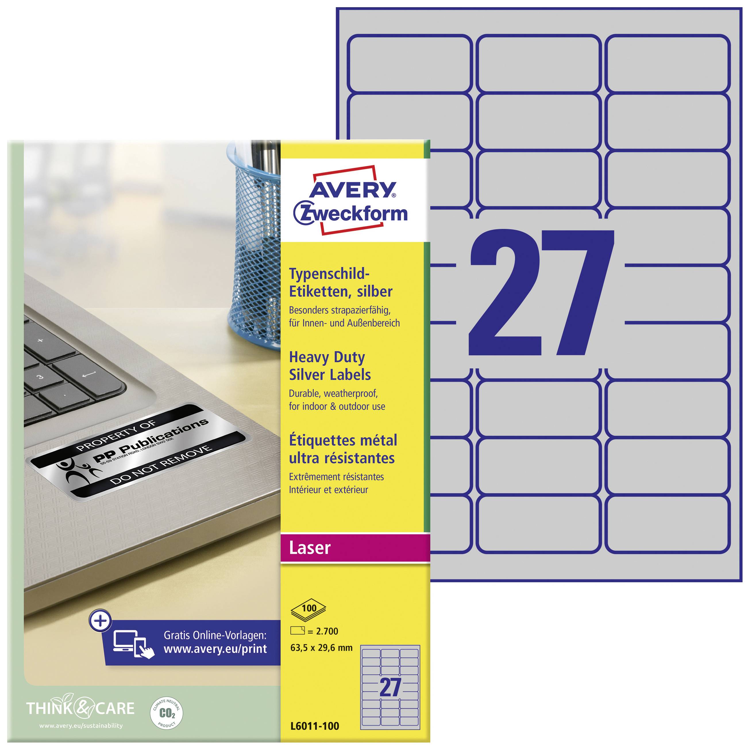 Abbildung von Avery Zweckform Typenschild-Etiketten. Geeignet für Laserdrucker. Silber, 27 Etiketten pro Blatt, Artikelnummer L6011-100.