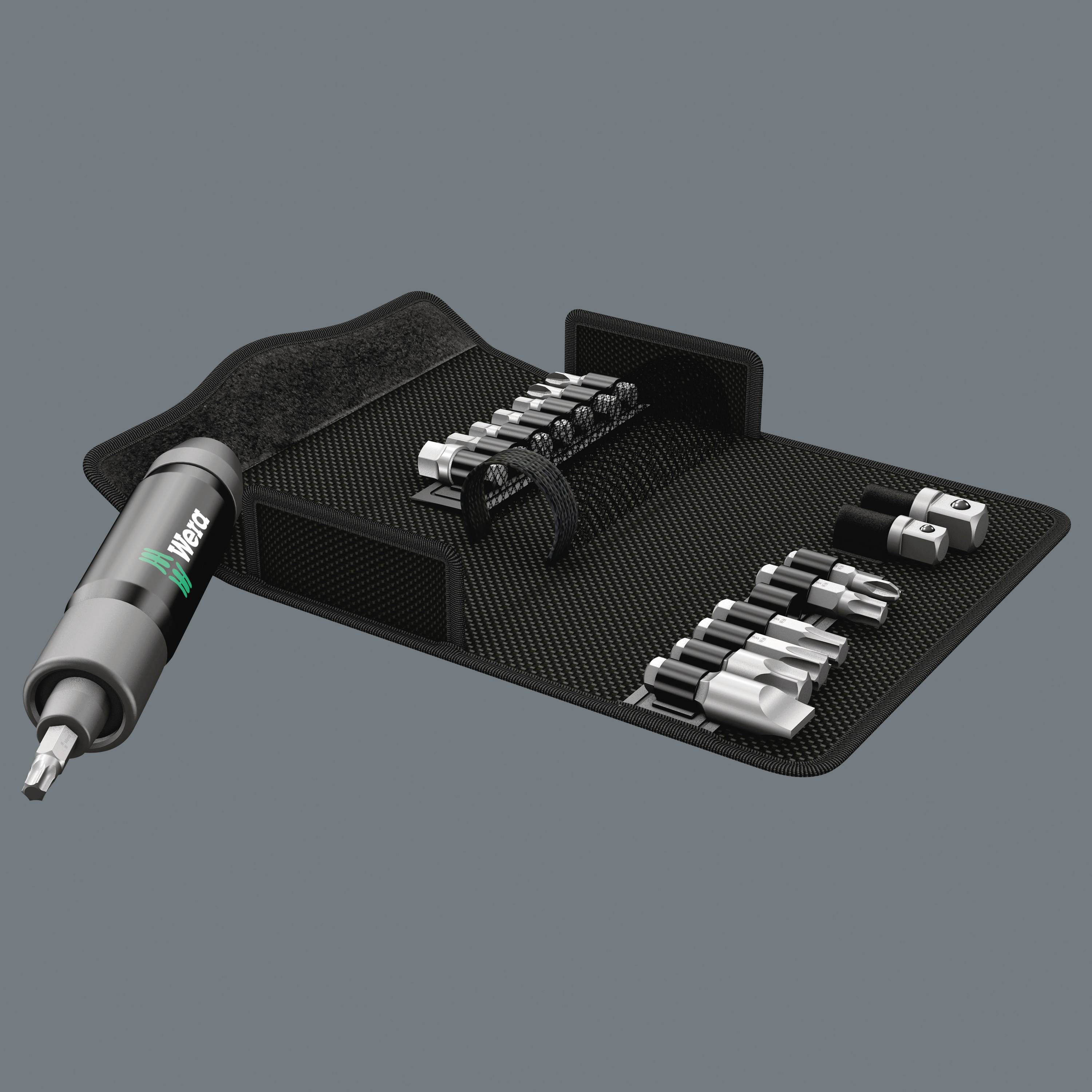 Werkzeug-Set mit Schraubendreher und verschiedenen Bits in einem Etui, einschließlich Sechskant-, Schlitz- und Kreuzschlitz-Bits.
