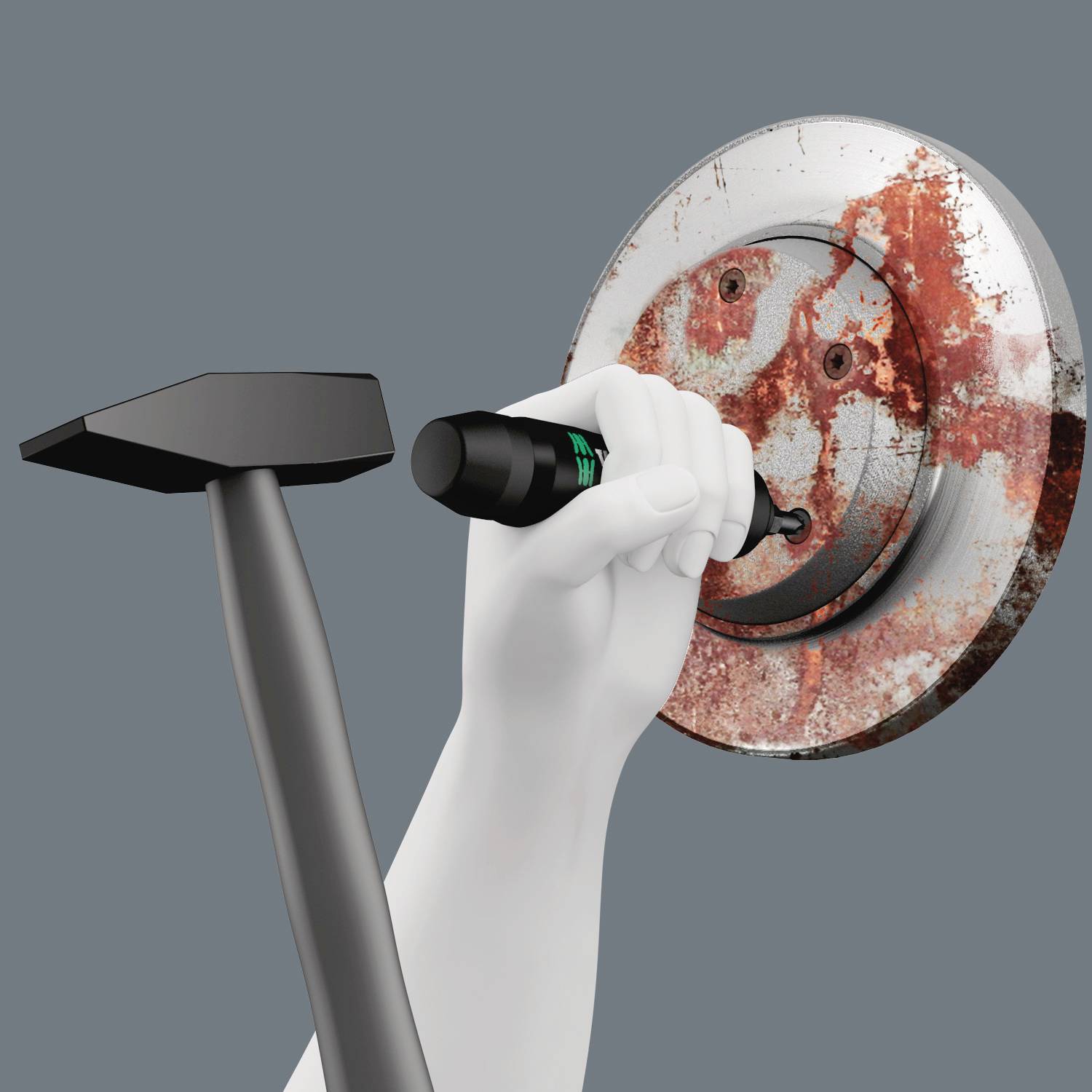 Roboterhand hält einen Lackmessgerät an eine lackierte Oberfläche, um die Schichtdicke zu messen. Hintergrund ist schlicht.