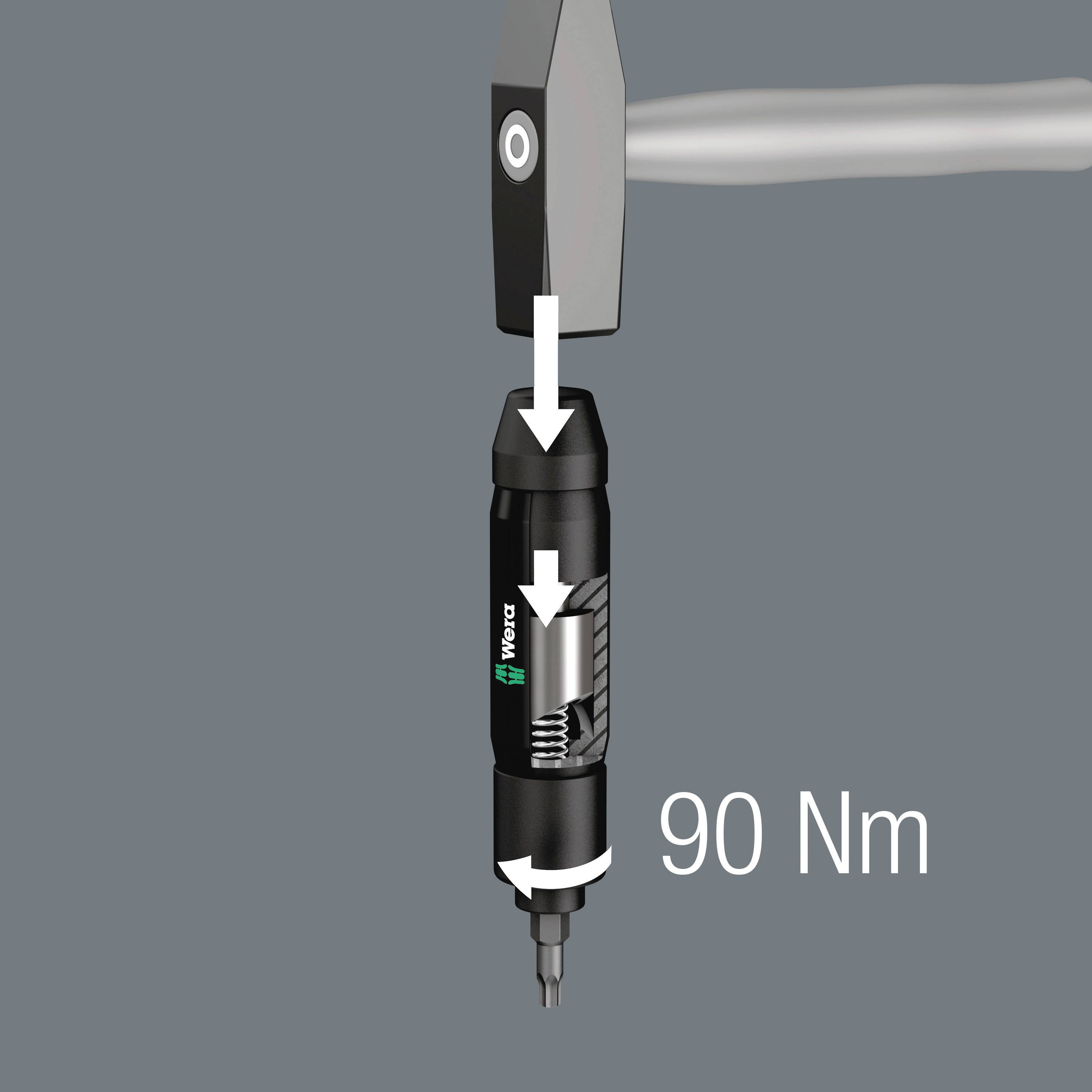 Maschinenschrauber zieht Schraube mit 90 Nm fest. Graue und schwarze Farben mit Pfeilen, um die Kraft und Richtung zu veranschaulichen.