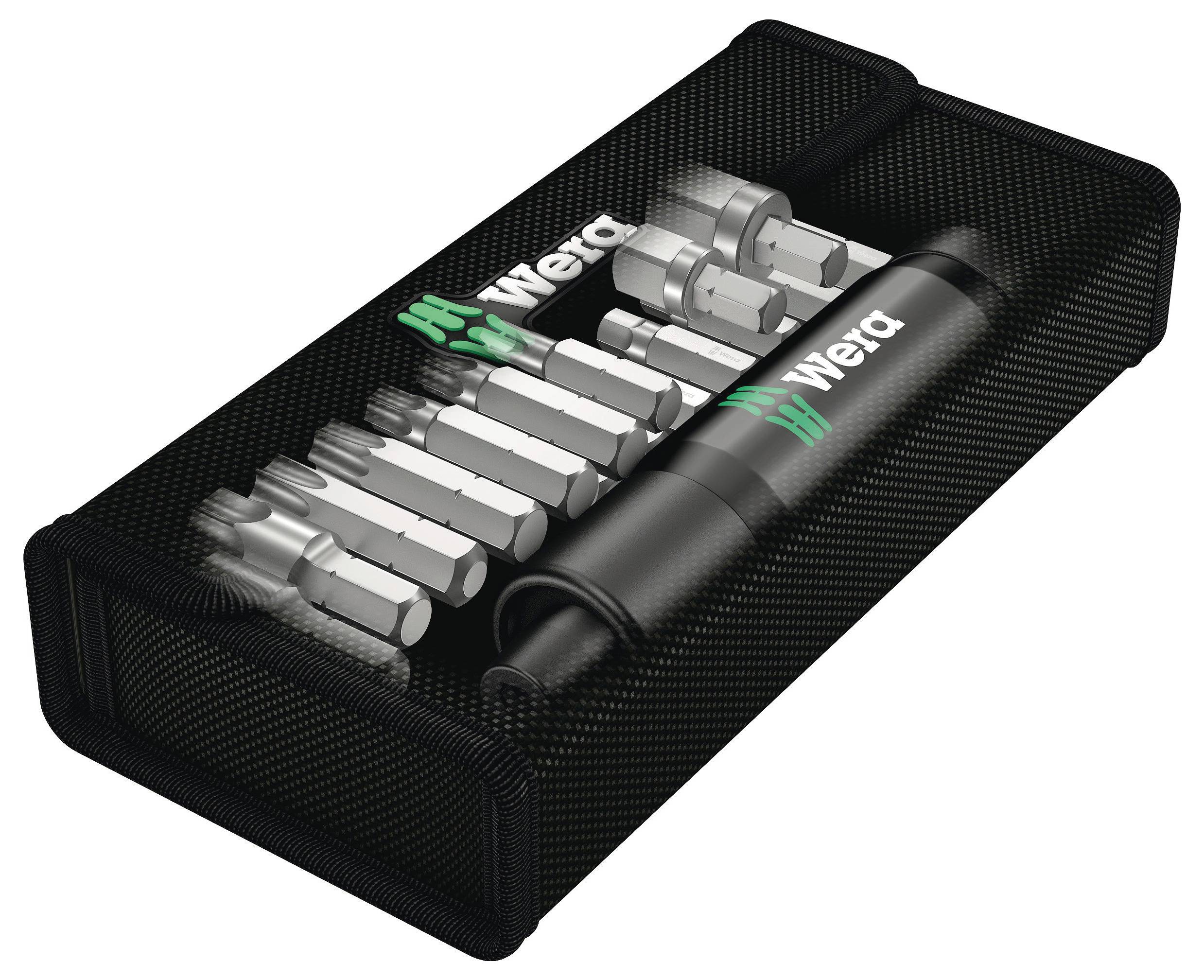 Ein Bit-Set von Wera mit verschiedenen Bits und einem Bit-Halter in einem schwarzen Etui, geeignet für unterschiedliche Schraubarbeiten.