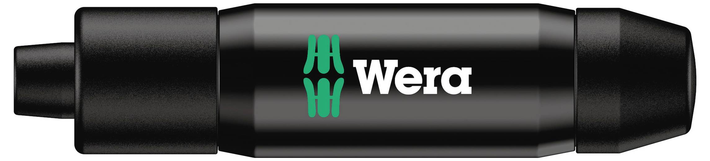 Schwarzer Schraubendrehergriff mit grünem Wera-Logo in der Mitte. Die Enden des Griffs sind konisch geformt und abgerundet.