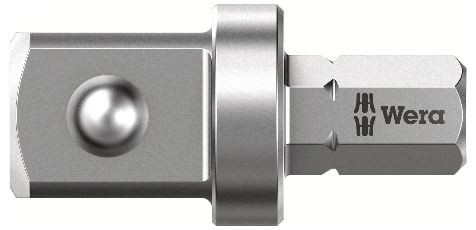 Metalladapter mit Kugel und sechseckiger Spitze. Logos sind sichtbar.