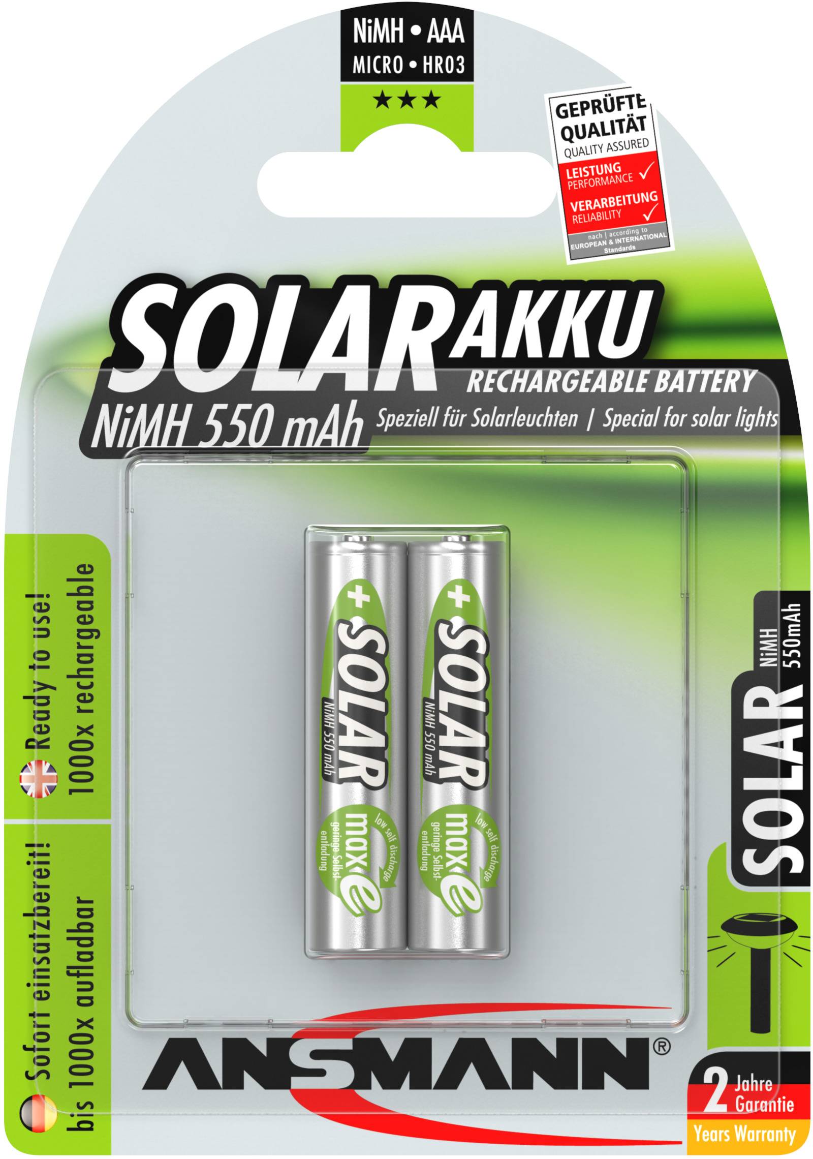 Ansmann HR03 Solar maxE Micro (AAA)-Akku NiMH 550 mAh 1.2 V 2 St.