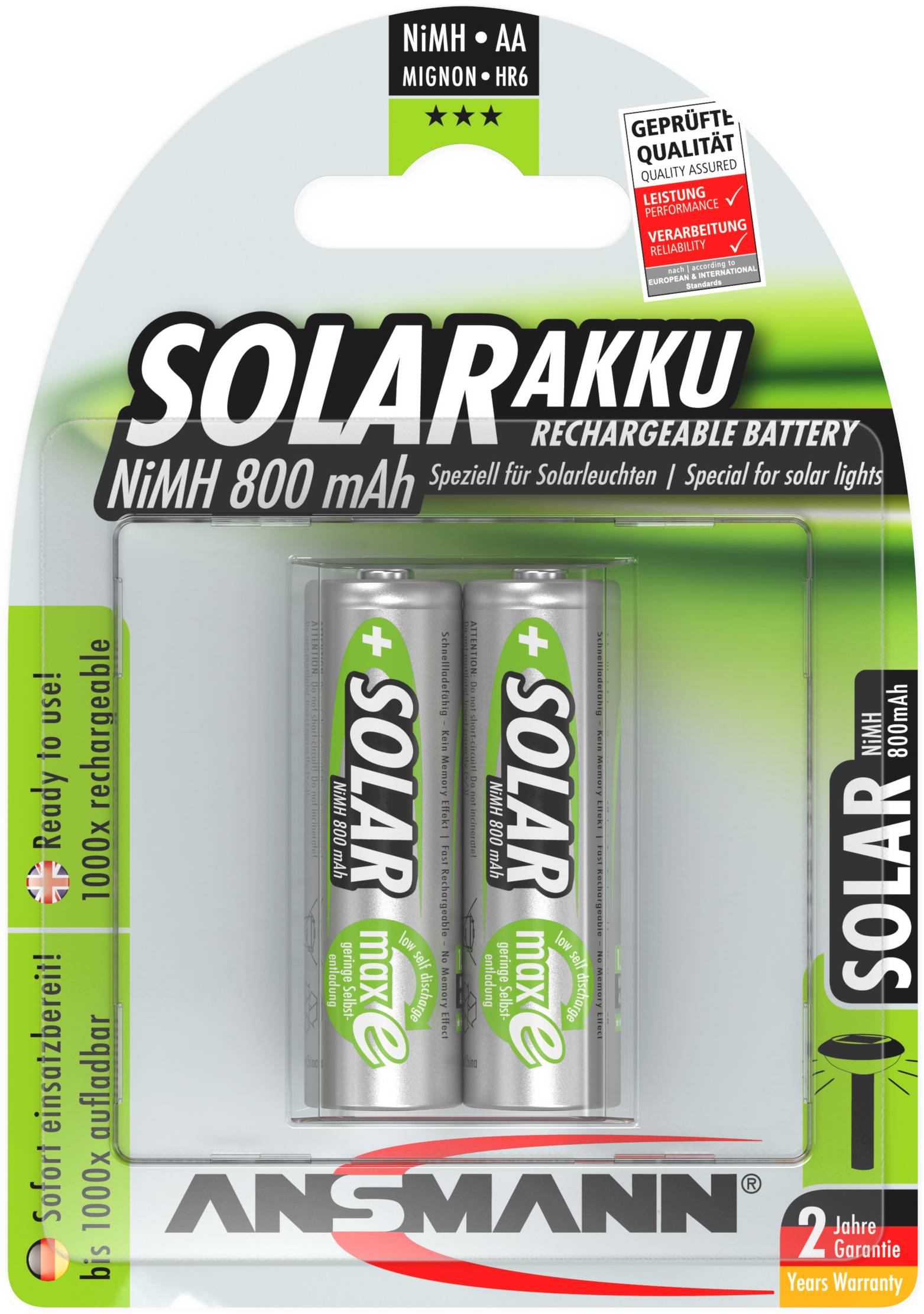 Ansmann HR06 Solar maxE Mignon (AA)-Akku NiMH 800 mAh 1.2 V 2 St.