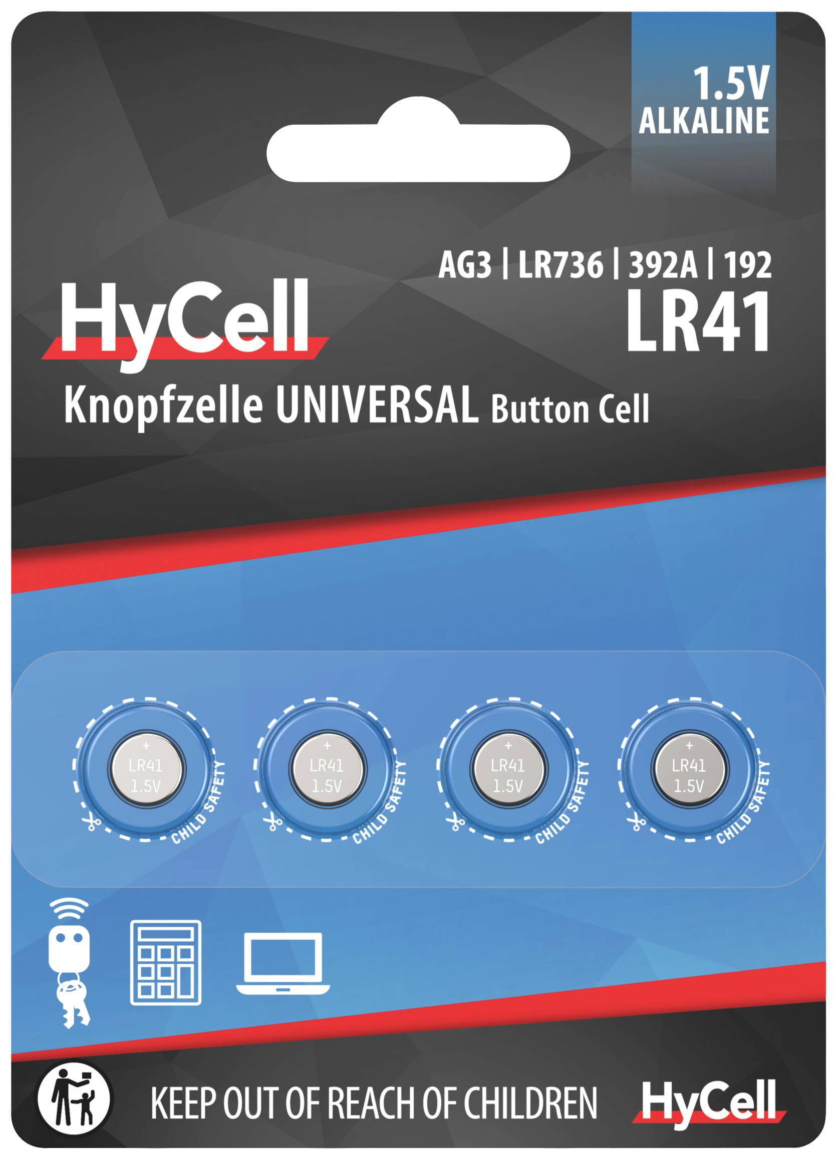 'HyCell Knopfzelle UNIVERSAL Button Cell', 1.5V Alkaline, Modell LR41. Vier Batterien in Blisterverpackung. Hinweis: 'KEEP OUT OF REACH OF CHILDREN'.