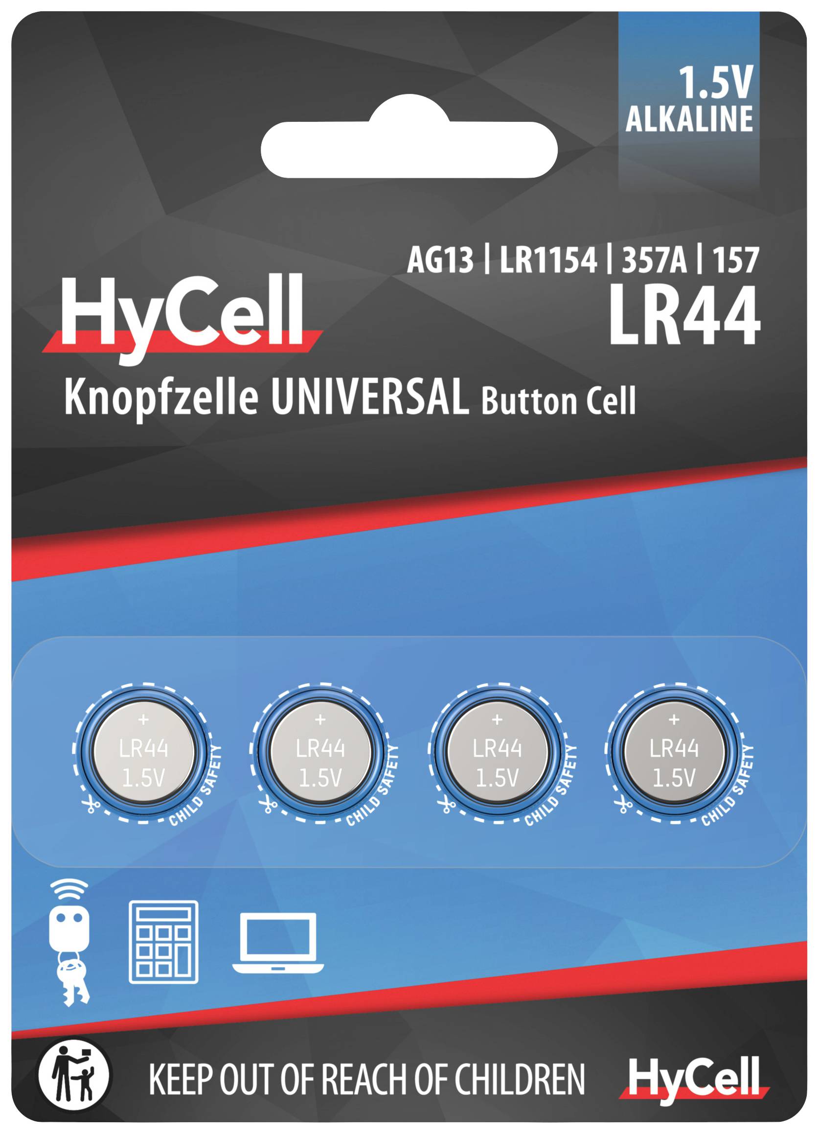 Verpackung mit vier HyCell LR44 Knopfzellen, 1,5V Alkaline. Hinweis: 'Von Kindern fernhalten'. Geeignet für kleine elektronische Geräte.